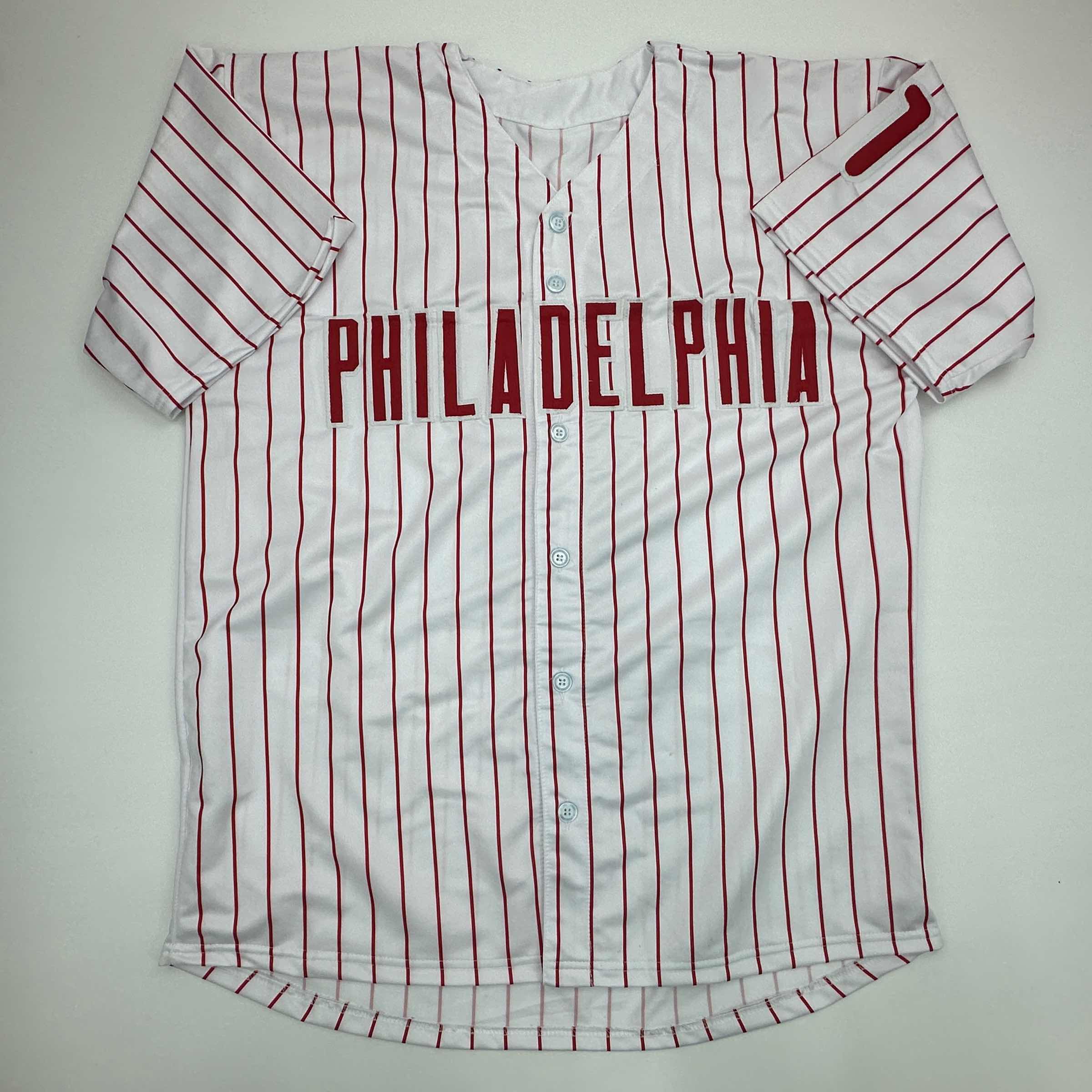 Facsimile Autographed Jimmy Rollins Philadelphia Pinstripe Reprint Laser Auto Baseball Jersey Size Men's XL