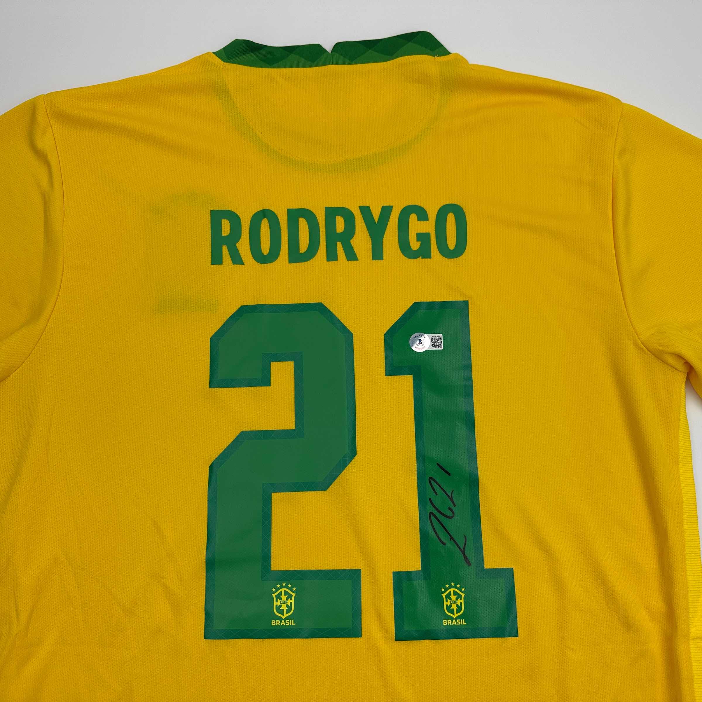 Autographed/Signed Rodrygo Silva de Goes Brazil Yellow Soccer World Cup Jersey Beckett BAS COA