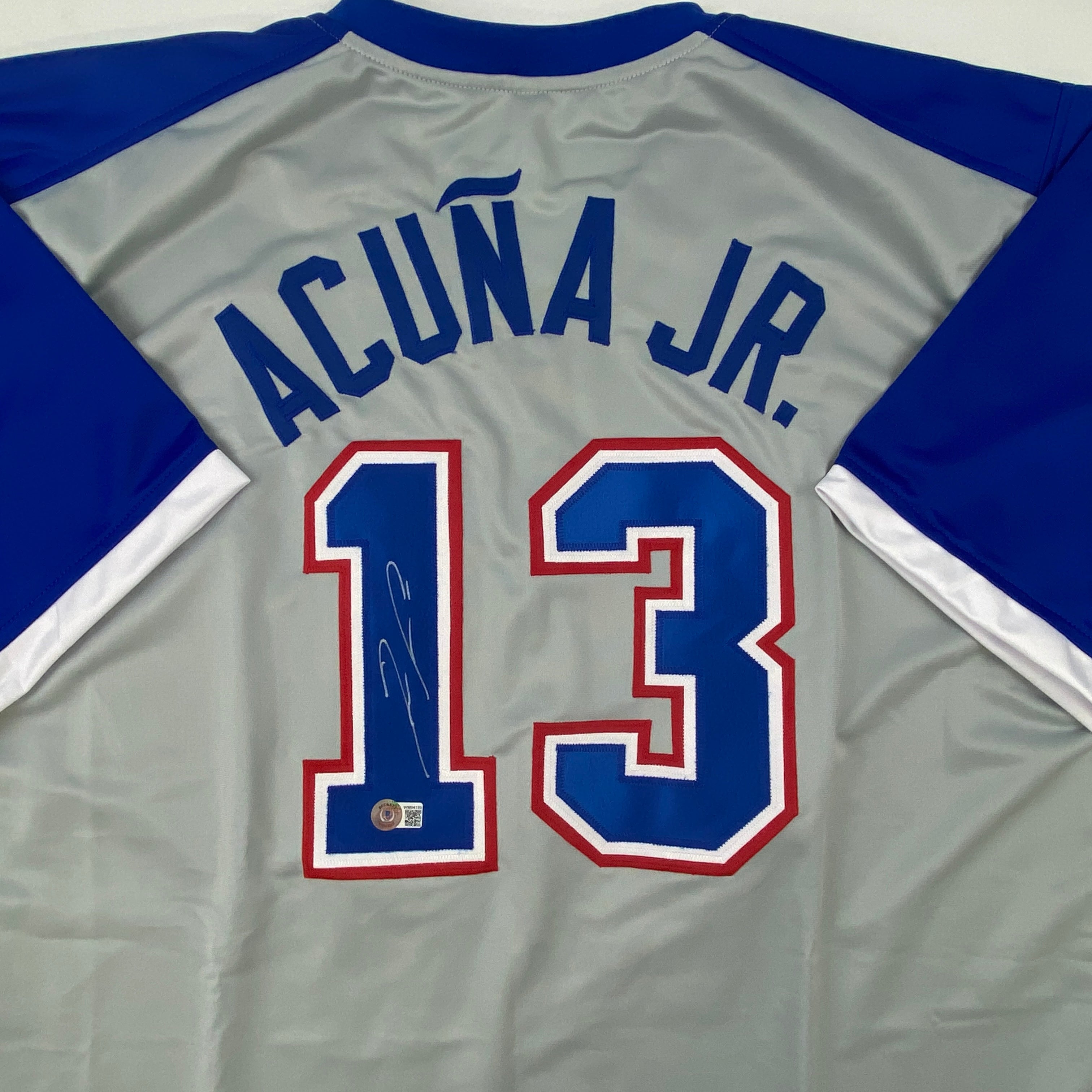 Autographed/Signed Ronald Acuna Jr. Atlanta Grey Retro Baseball Jersey Beckett BAS COA