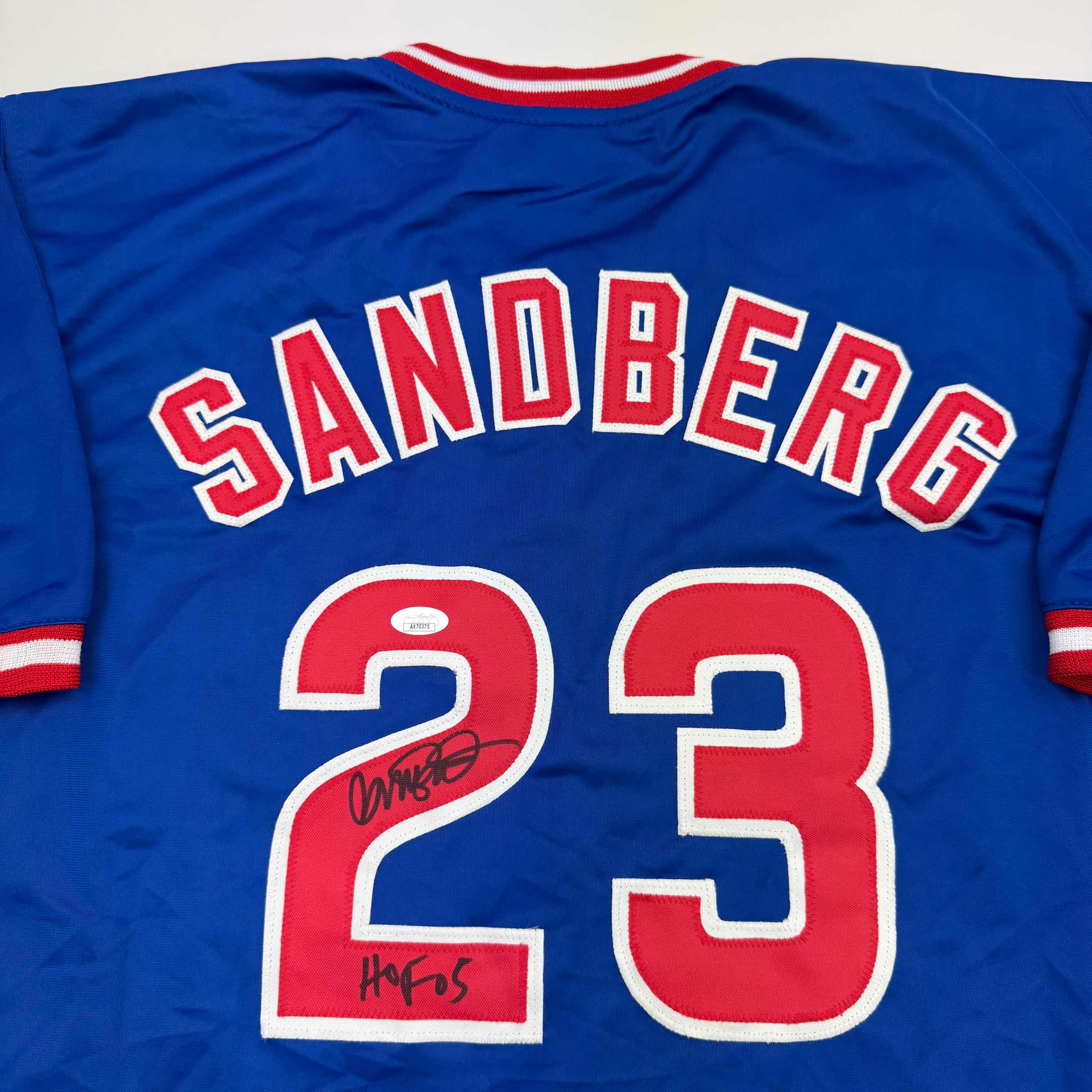 Autographed/Signed Ryne Sandberg HOF 05 Chicago Blue Baseball Jersey JSA COA