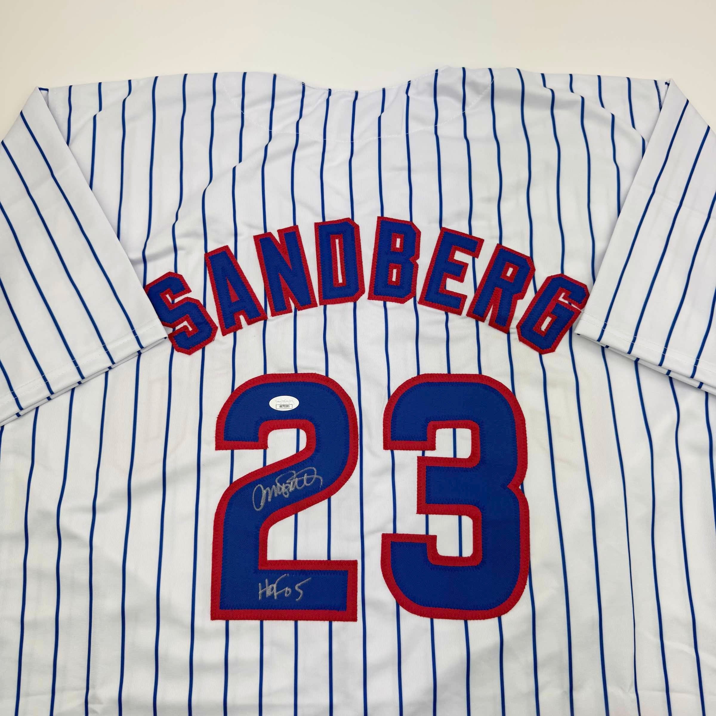 Autographed/Signed Ryne Sandberg HOF 05 Chicago White Pinstripe Baseball Jersey JSA COA