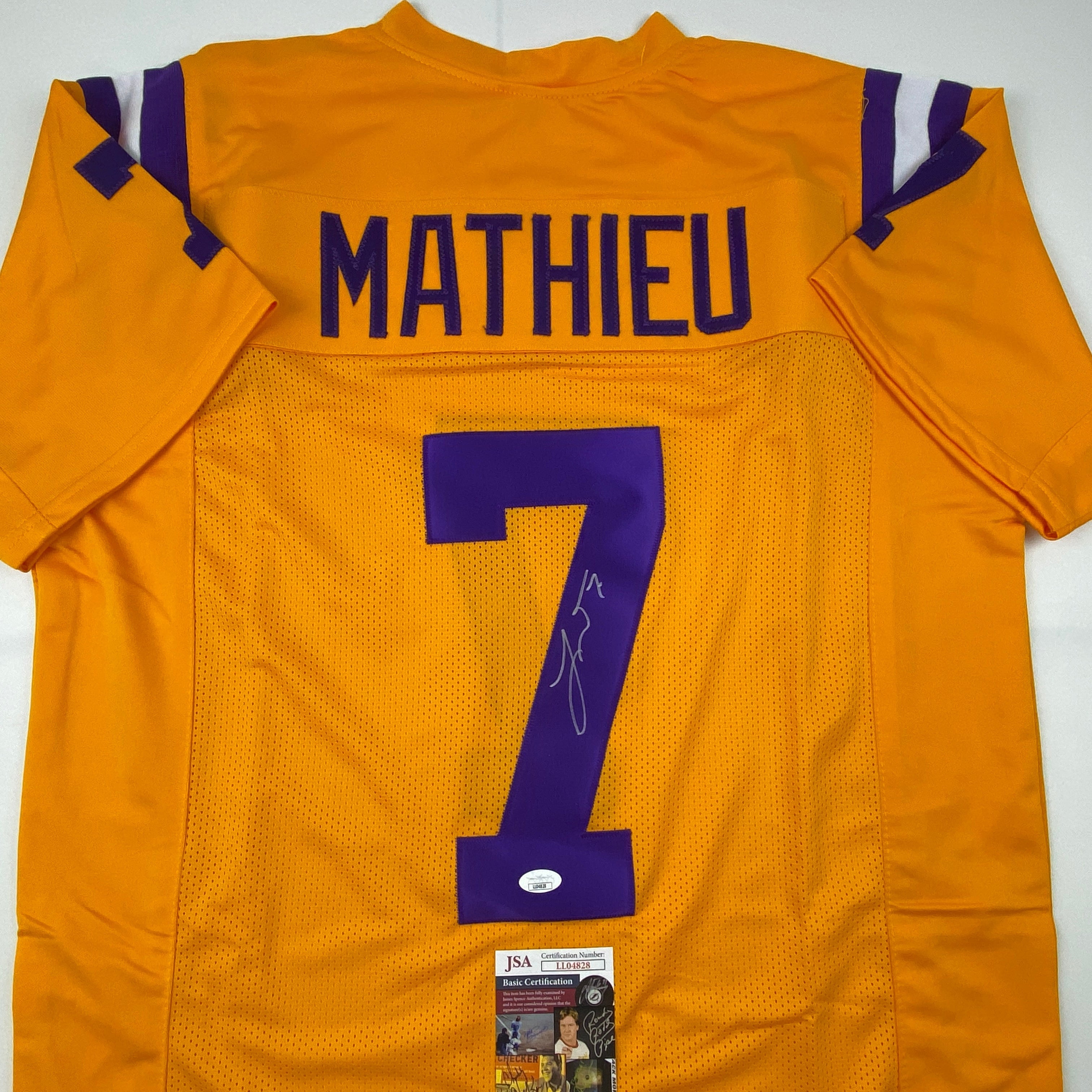 Autographed/Signed Tyrann Mathieu LSU Yellow College Football Jersey JSA COA