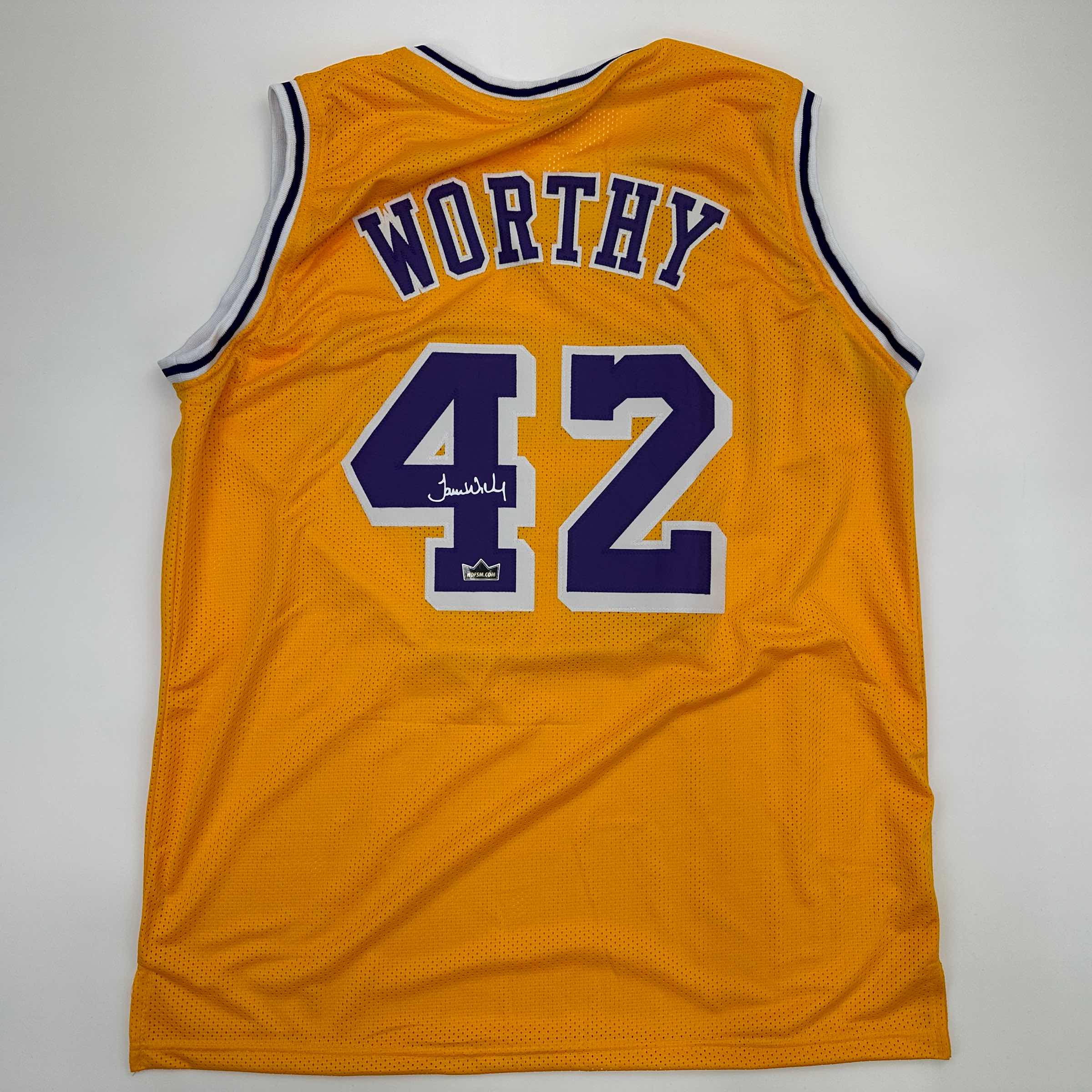 Facsimile Autographed James Worthy Los Angeles LA Yellow Reprint Laser Auto Basketball Jersey Size Men's XL