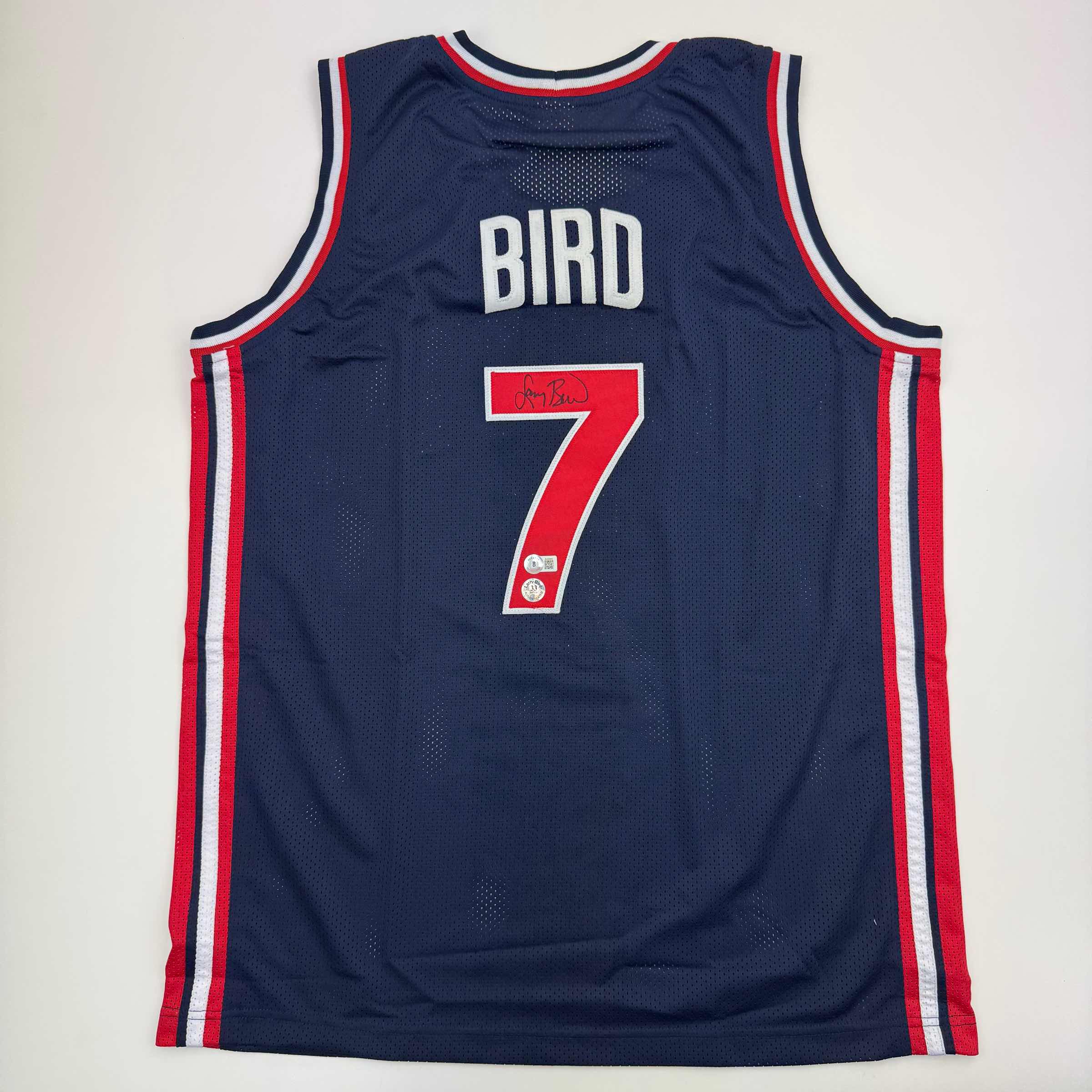 Autographed/Signed Larry Bird United States USA Blue 1992 Dream Team Basketball Jersey Beckett BAS COA
