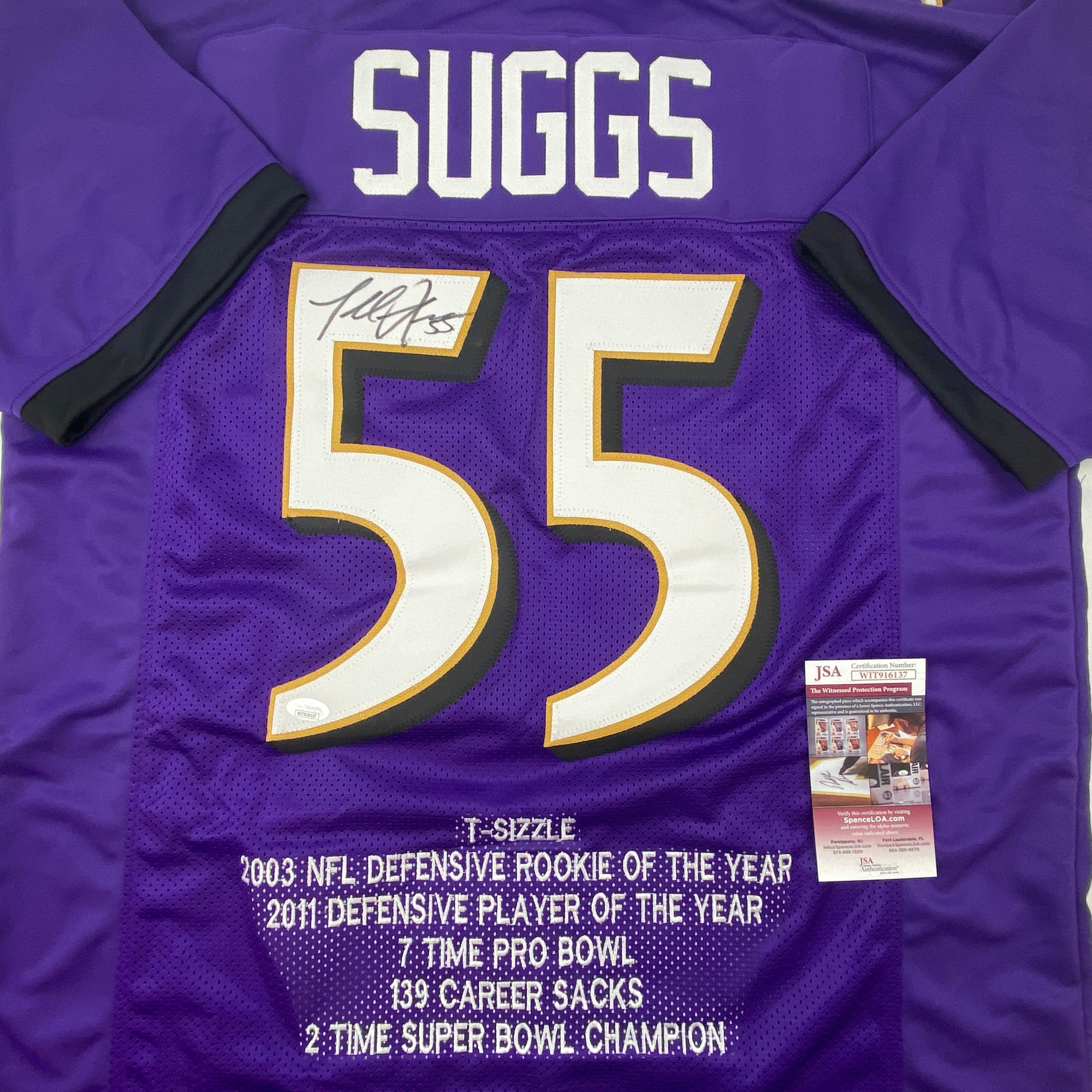 Autographed/Signed Terrell Suggs Baltimore Purple Stat Football Jersey JSA COA