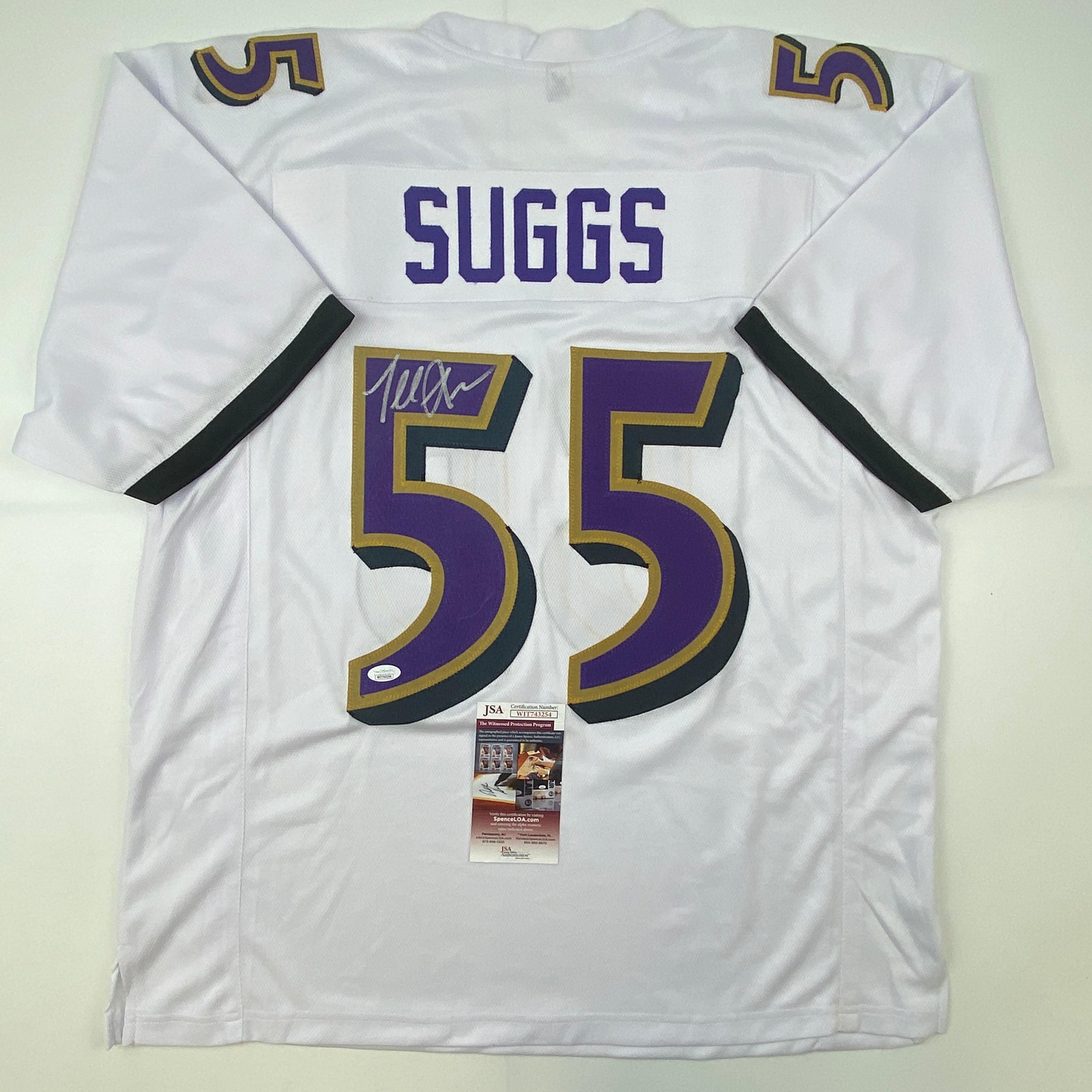 Autographed/Signed Terrell Suggs Baltimore White Football Jersey JSA COA