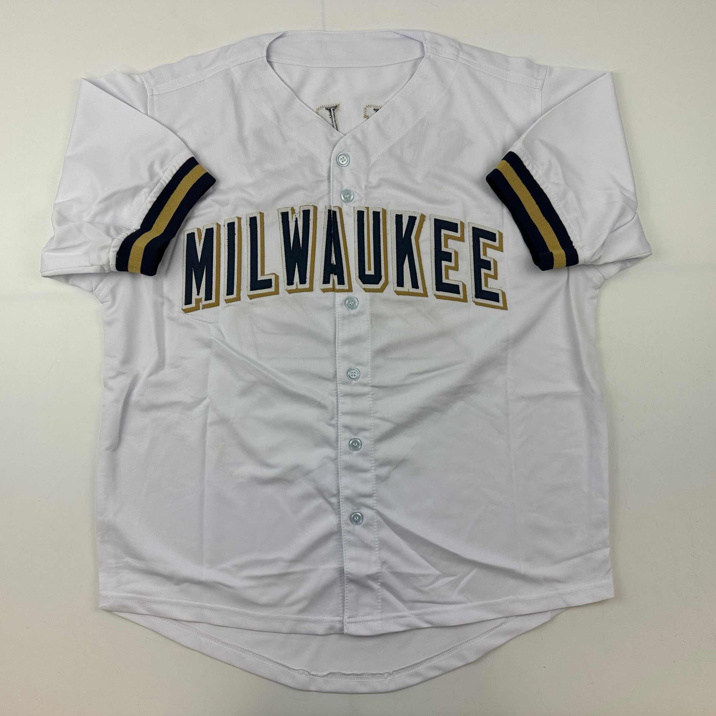 Facsimile Autographed Christian Yelich Milwaukee White Reprint Laser Auto Baseball Jersey Size Men's XL