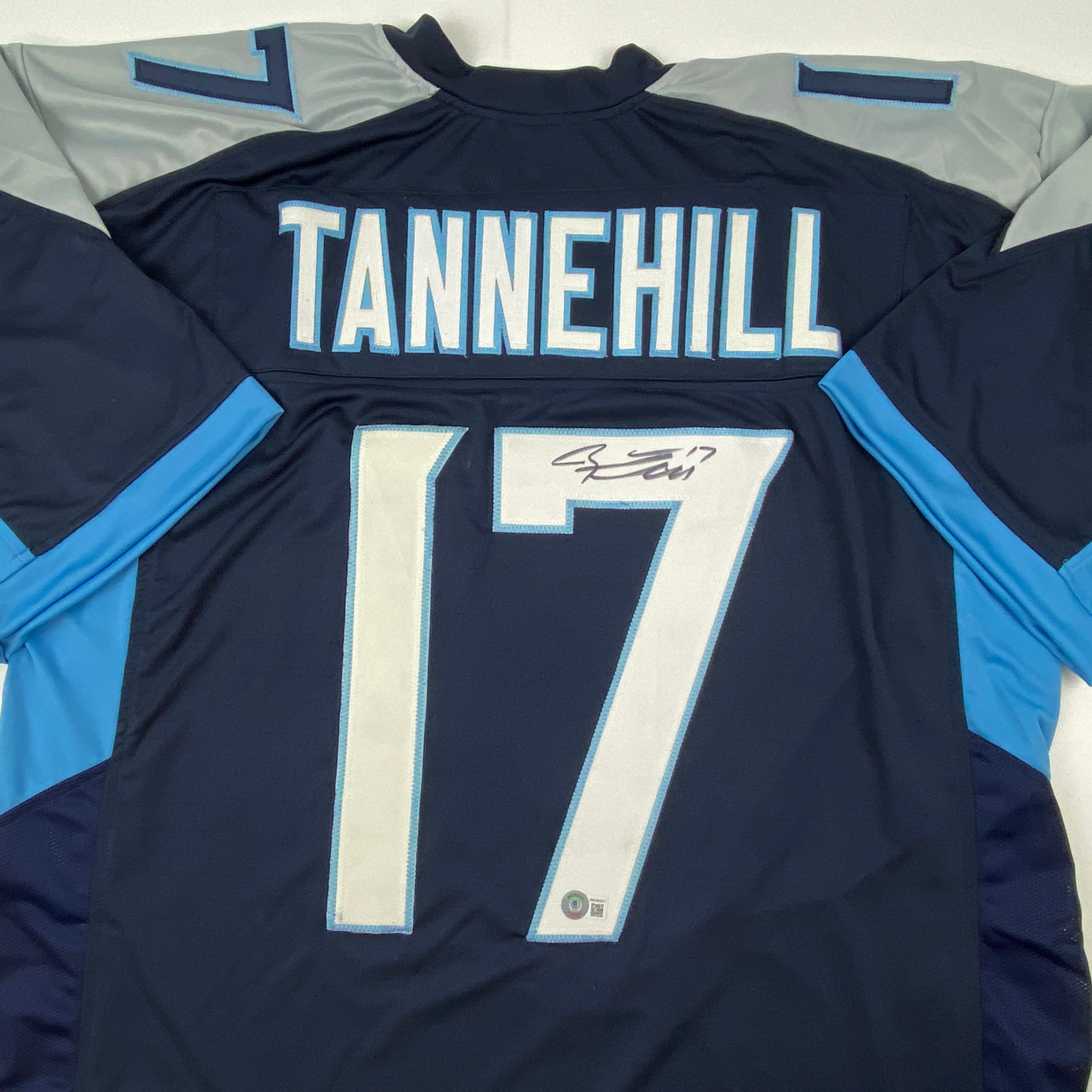 Autographed/Signed Ryan Tannehill Tennessee Dark Blue Football Jersey Beckett BAS COA