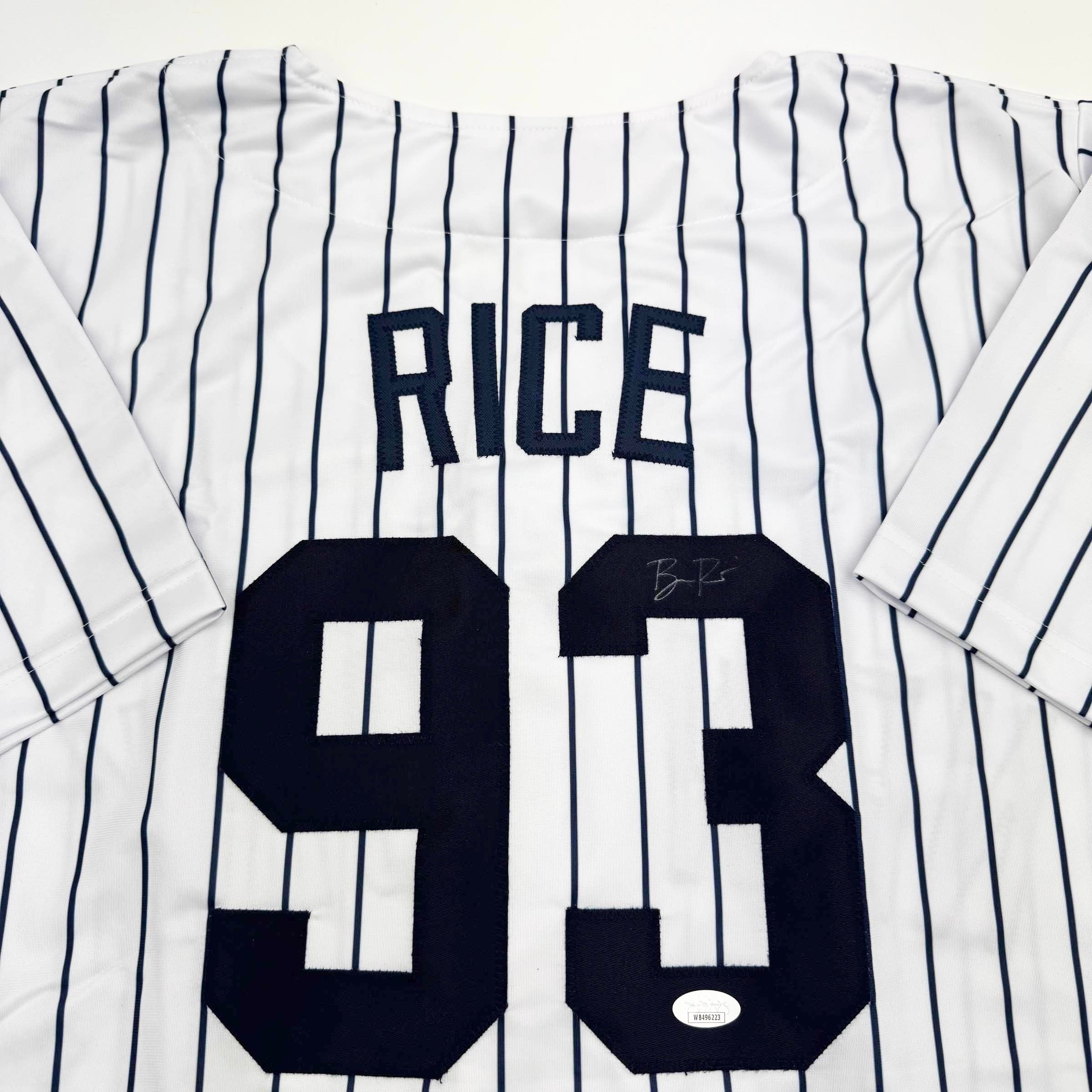 FADED Autographed/Signed Ben Rice New York Pinstripe Baseball Jersey JSA COA