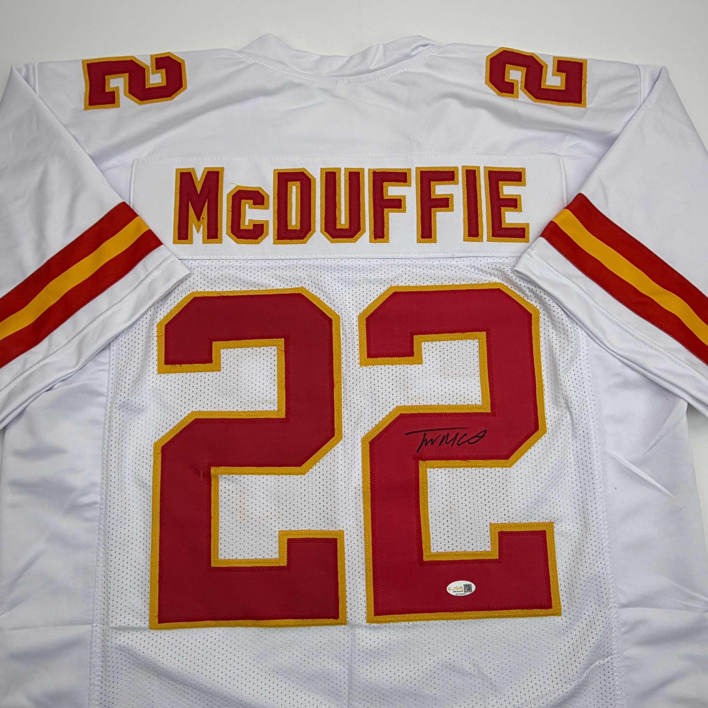 Autographed/Signed Trent McDuffie Kansas City White Football Jersey JSA COA