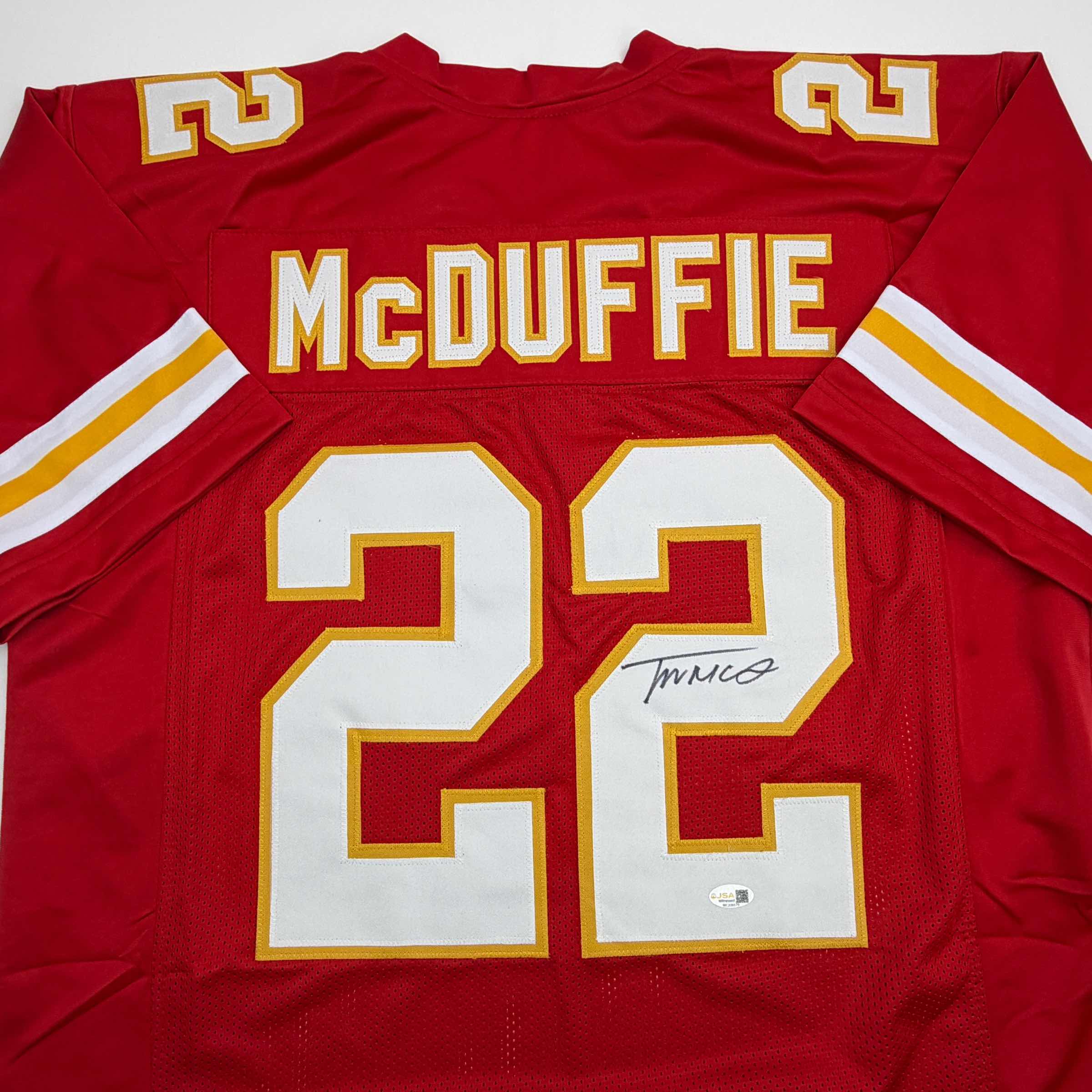 Autographed/Signed Trent McDuffie Kansas City Red Football Jersey JSA COA