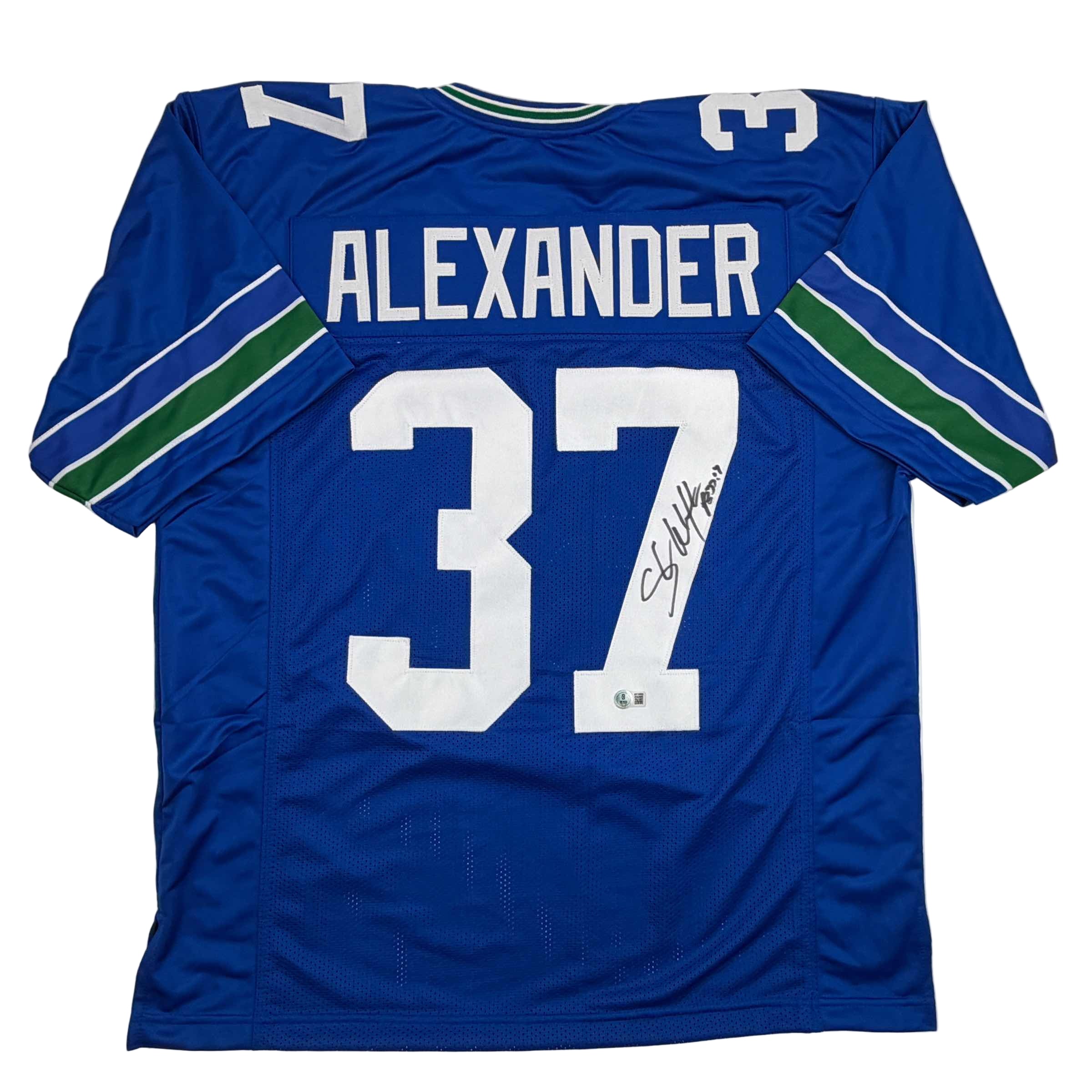 Autographed/Signed Shaun Alexander Seattle Blue Football Jersey Beckett BAS COA