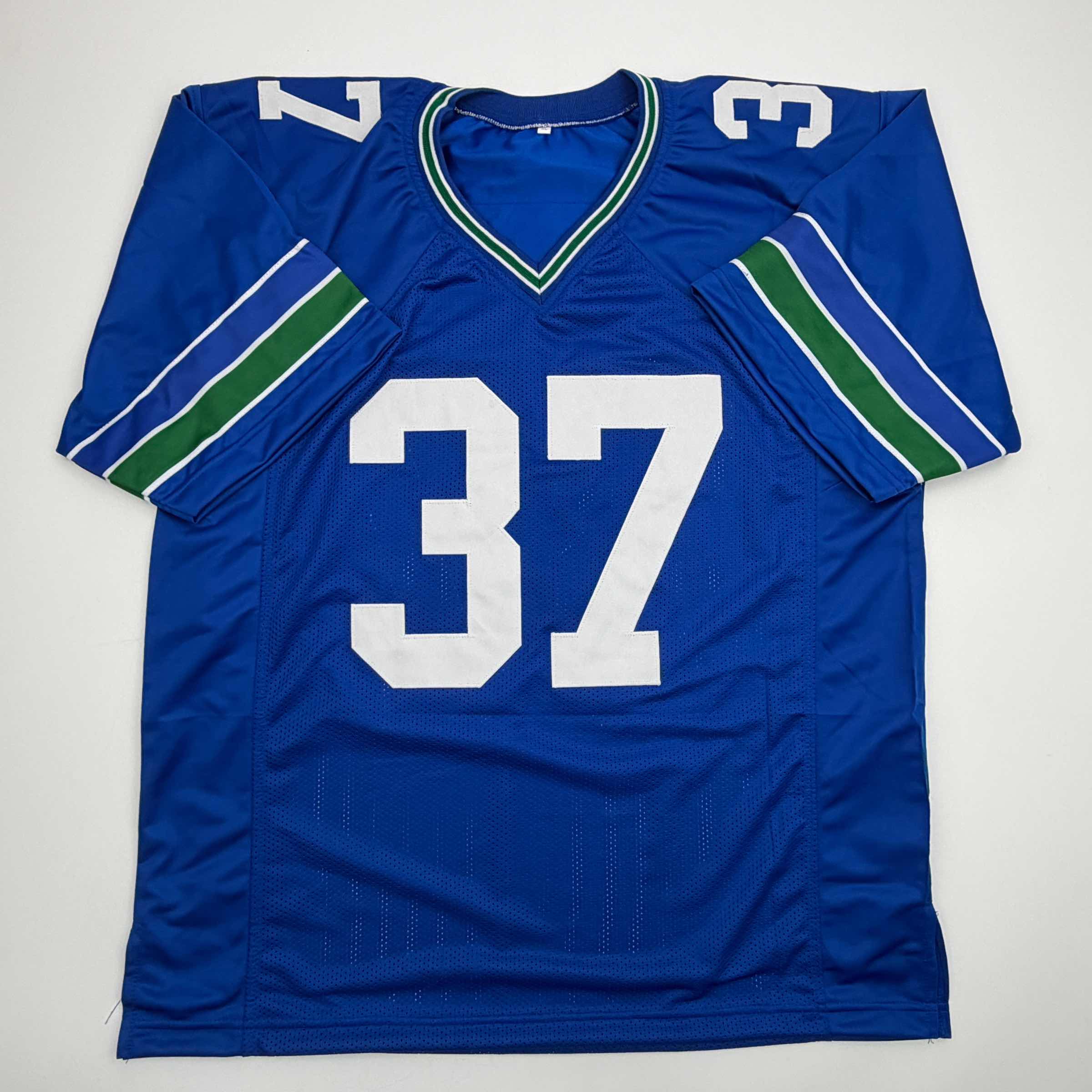 Autographed/Signed Shaun Alexander Seattle Blue Football Jersey Beckett BAS COA