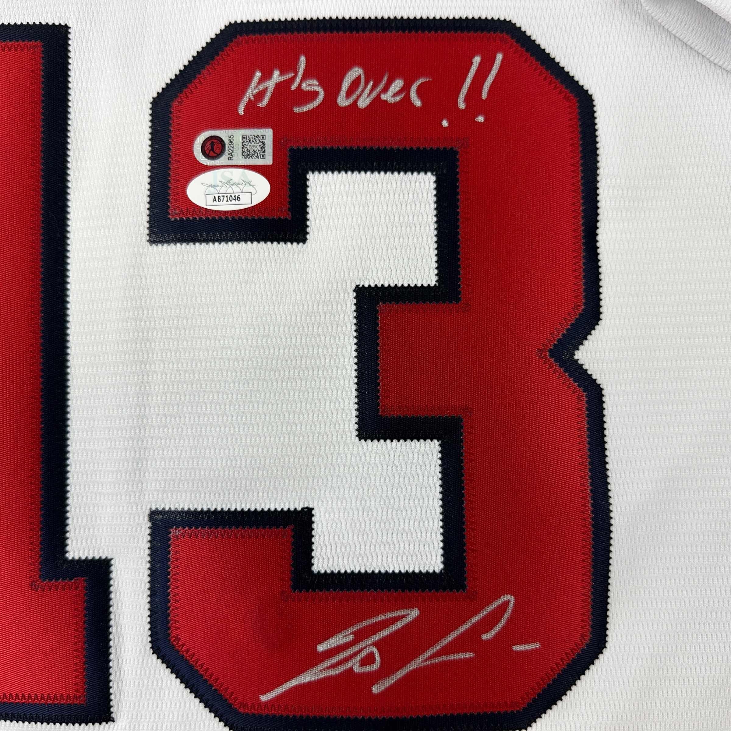 Autographed/Signed Ronald Acuna Jr. It's Over Majestic Atlanta Braves White Baseball Jersey JSA COA