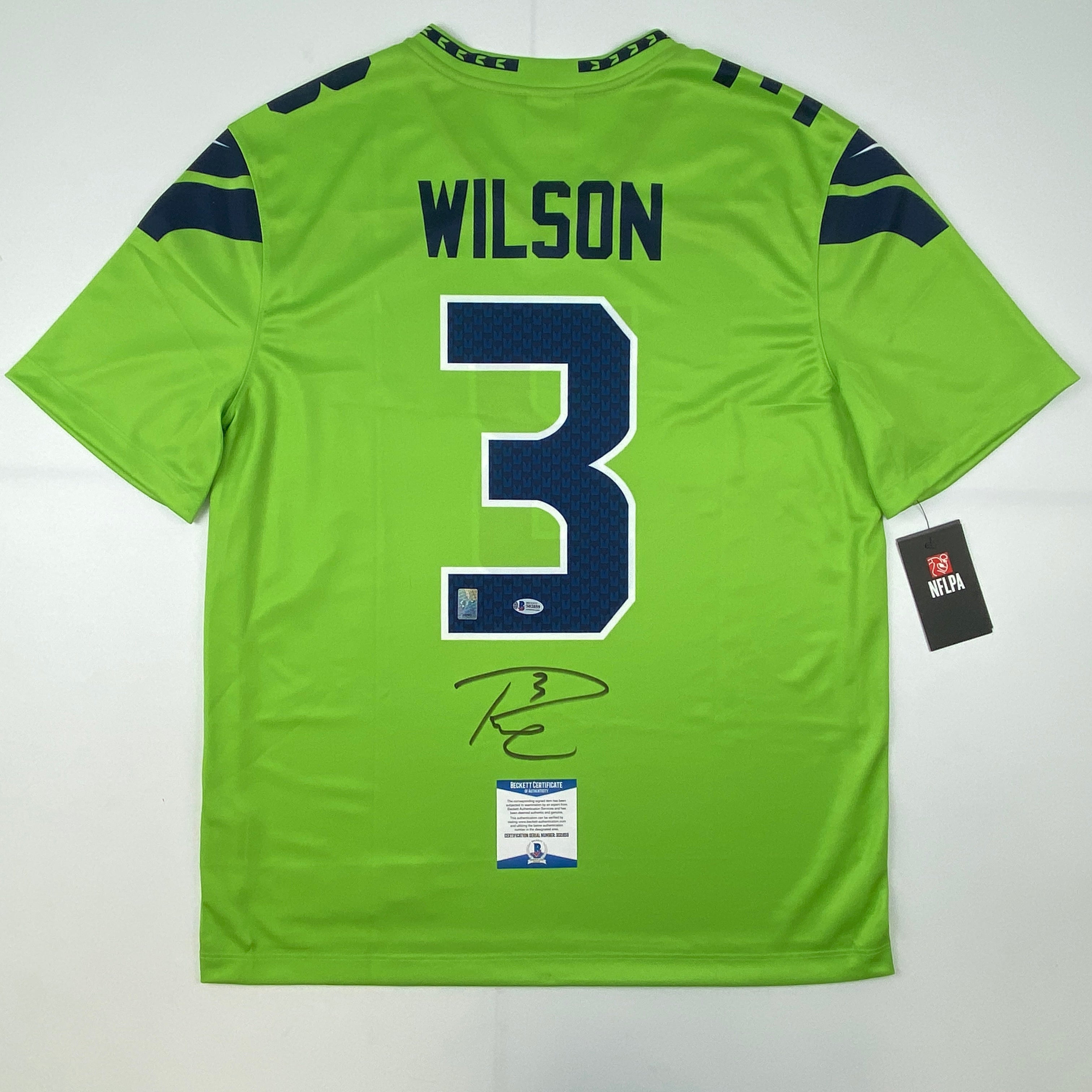 Autographed/Signed Russell Wilson Seattle Seahawks Green Color Rush Authentic Football Jersey Beckett BAS COA