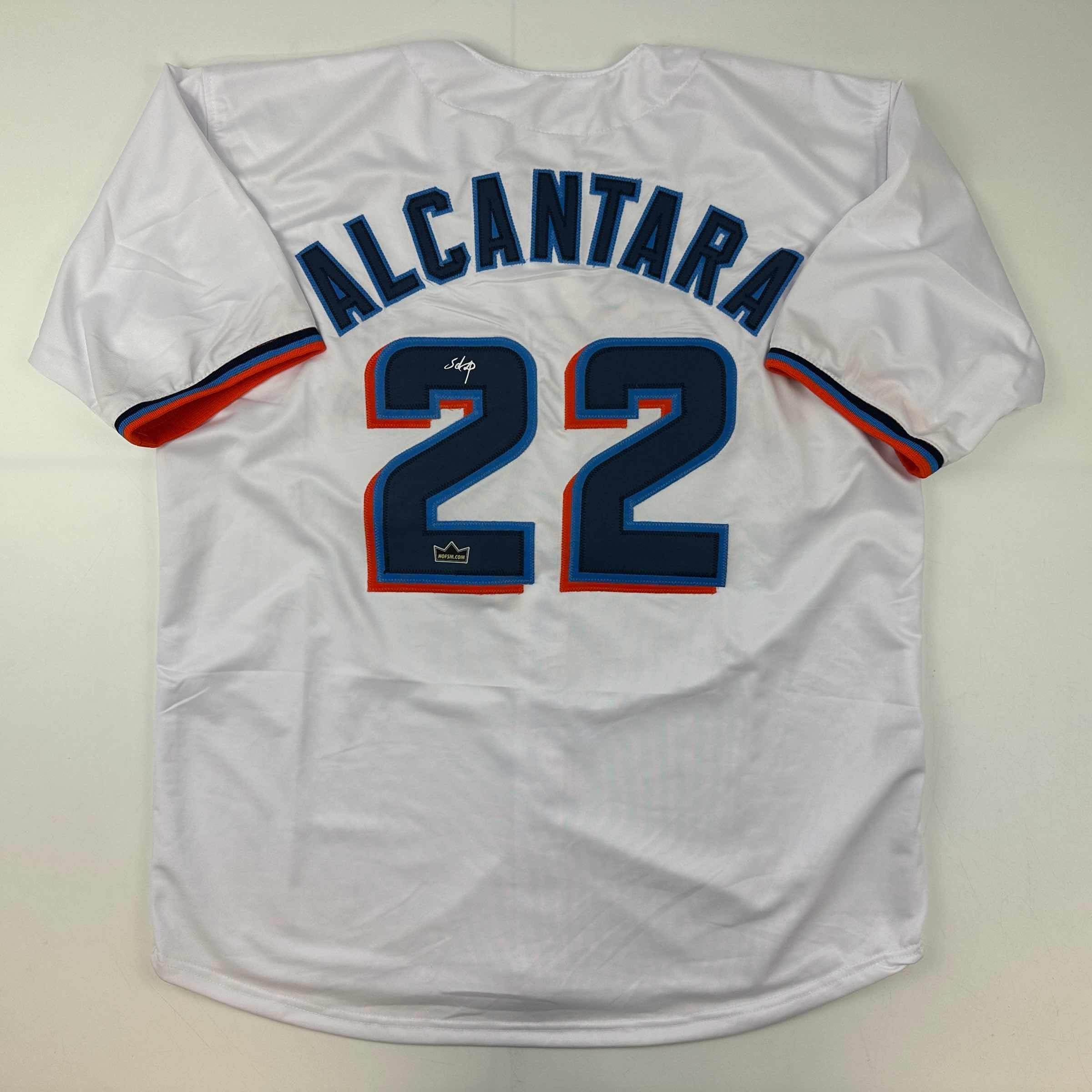 Facsimile Autographed Sandy Alcantara Miami White Reprint Laser Auto Baseball Jersey Size Men's XL