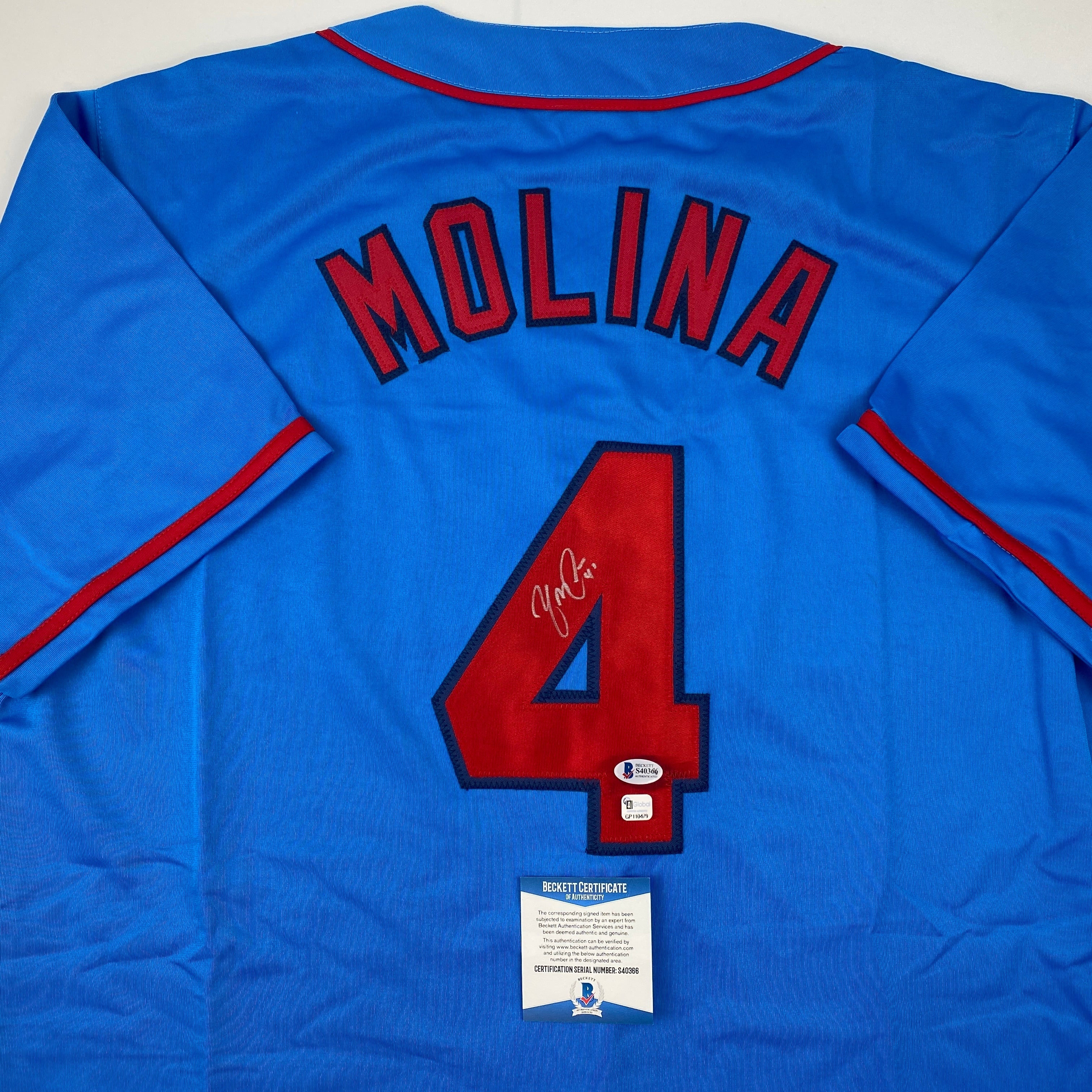 Autographed/Signed Yadier Molina St. Louis Blue Baseball Jersey Beckett BAS COA