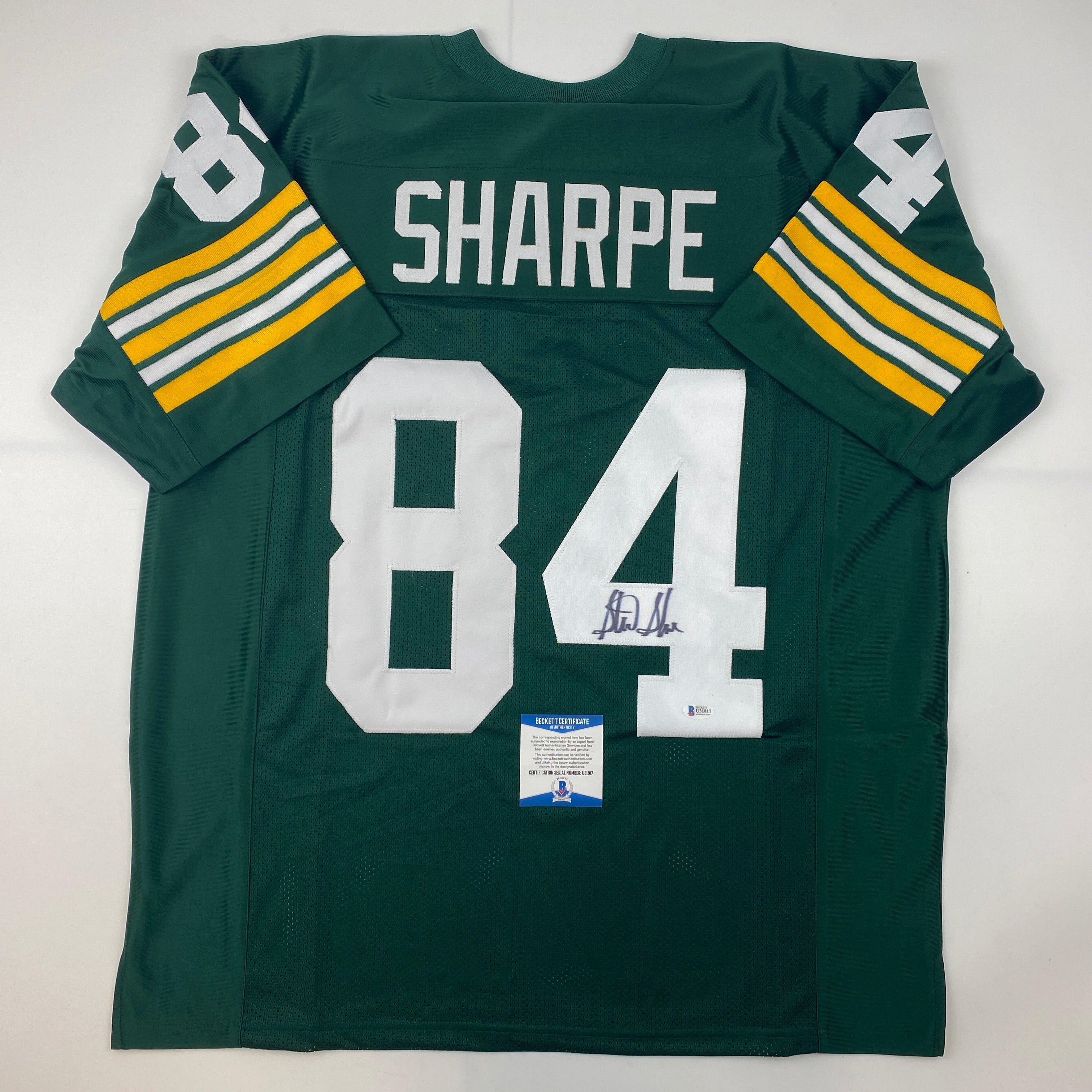 Autographed/Signed Sterling Sharpe Green Bay Green Football Jersey Beckett BAS COA