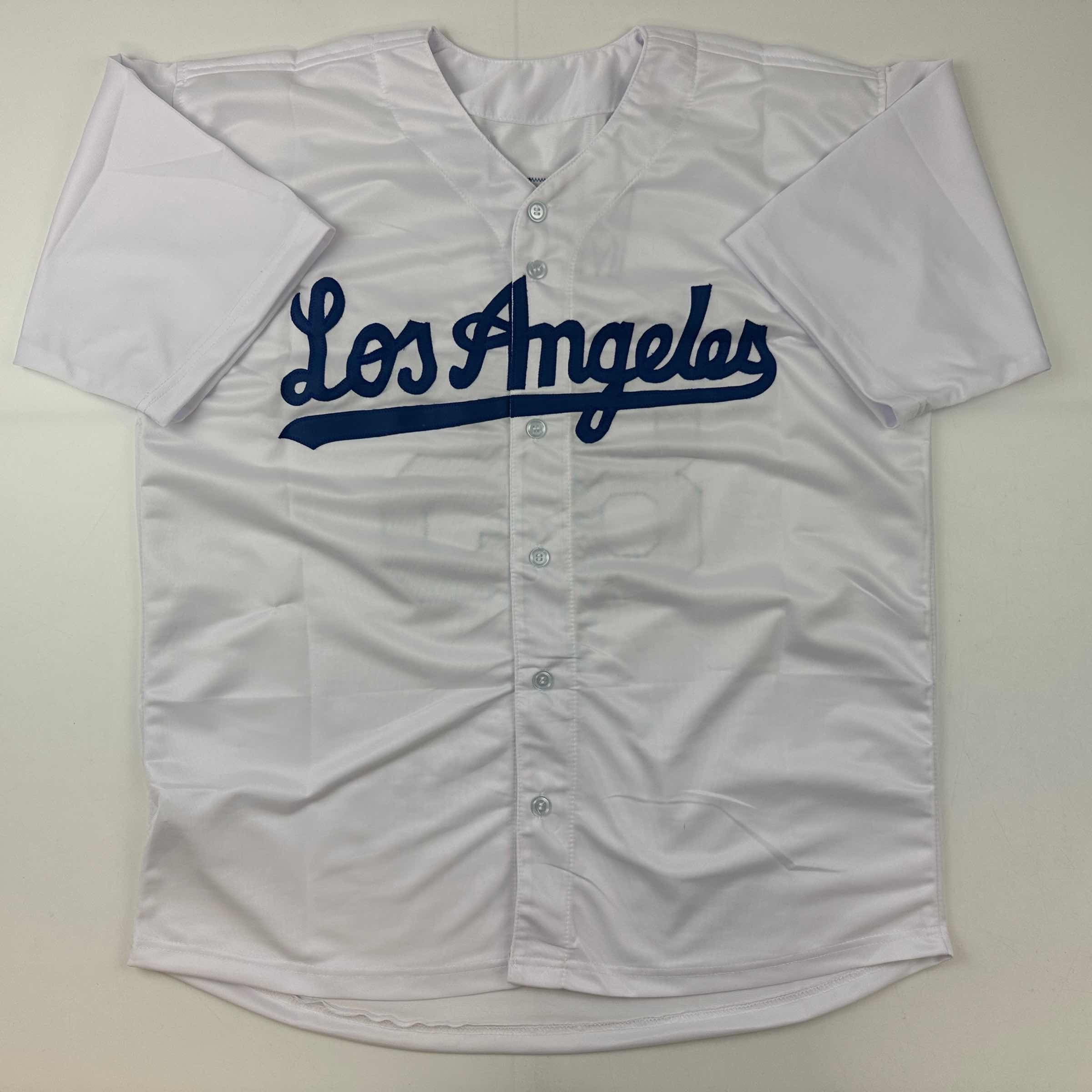 Facsimile Autographed Dustin May Los Angeles LA White Reprint Laser Auto Baseball Jersey Size Men's XL