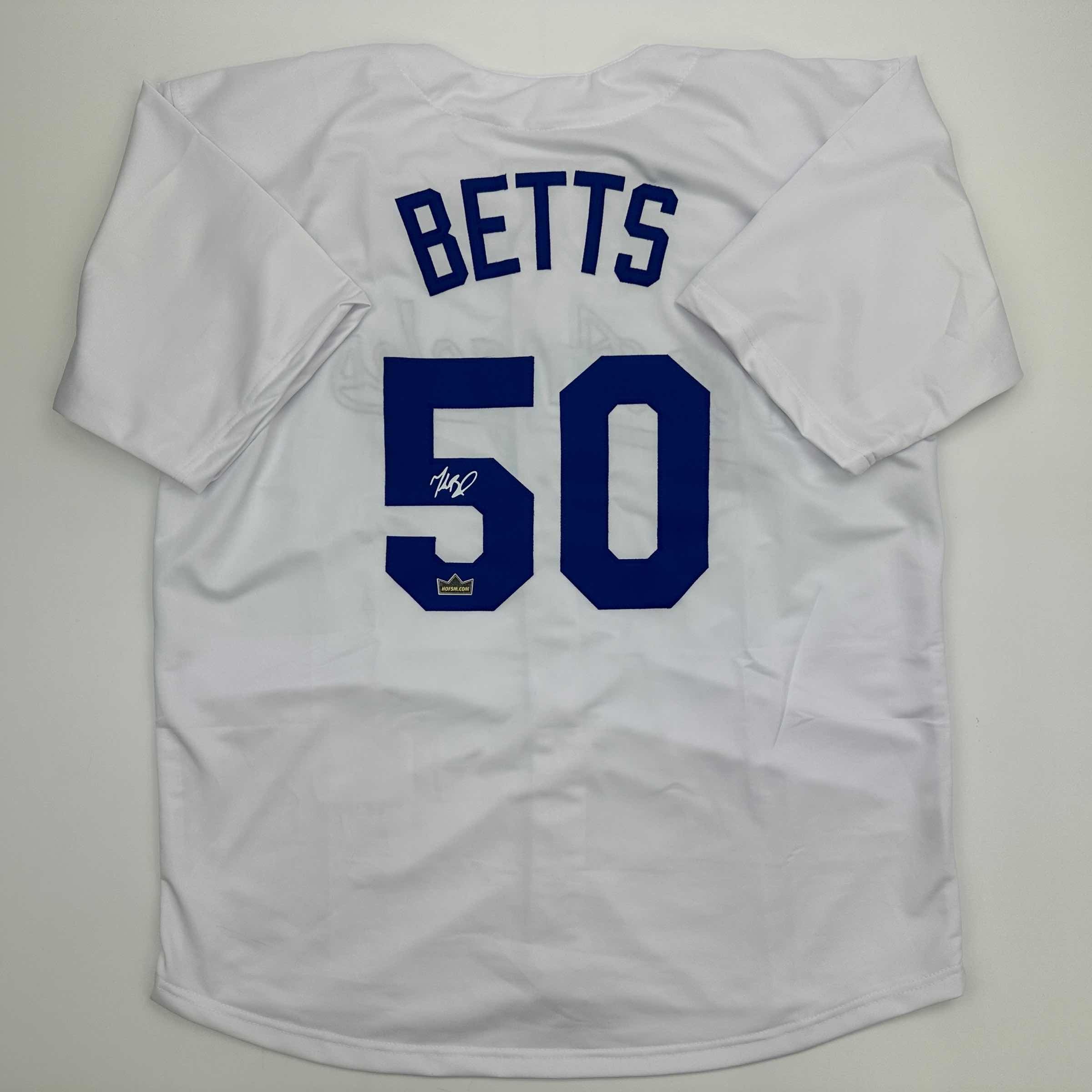 Facsimile Autographed Mookie Betts Los Angeles LA White Reprint Laser Auto Baseball Jersey Size Men's XL