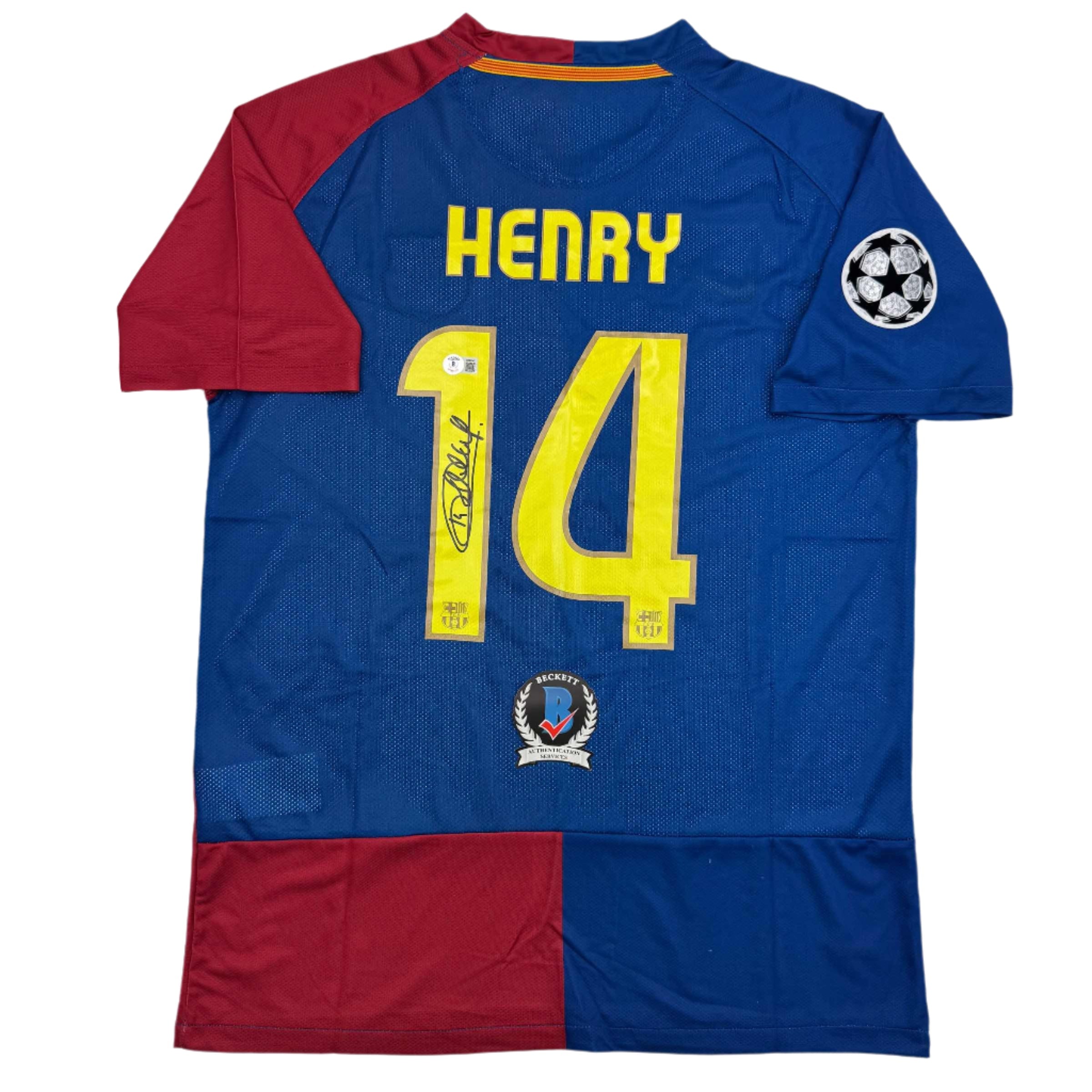 Autographed/Signed Thierry Henry FC Barcelona Blue Soccer Jersey Beckett BAS COA