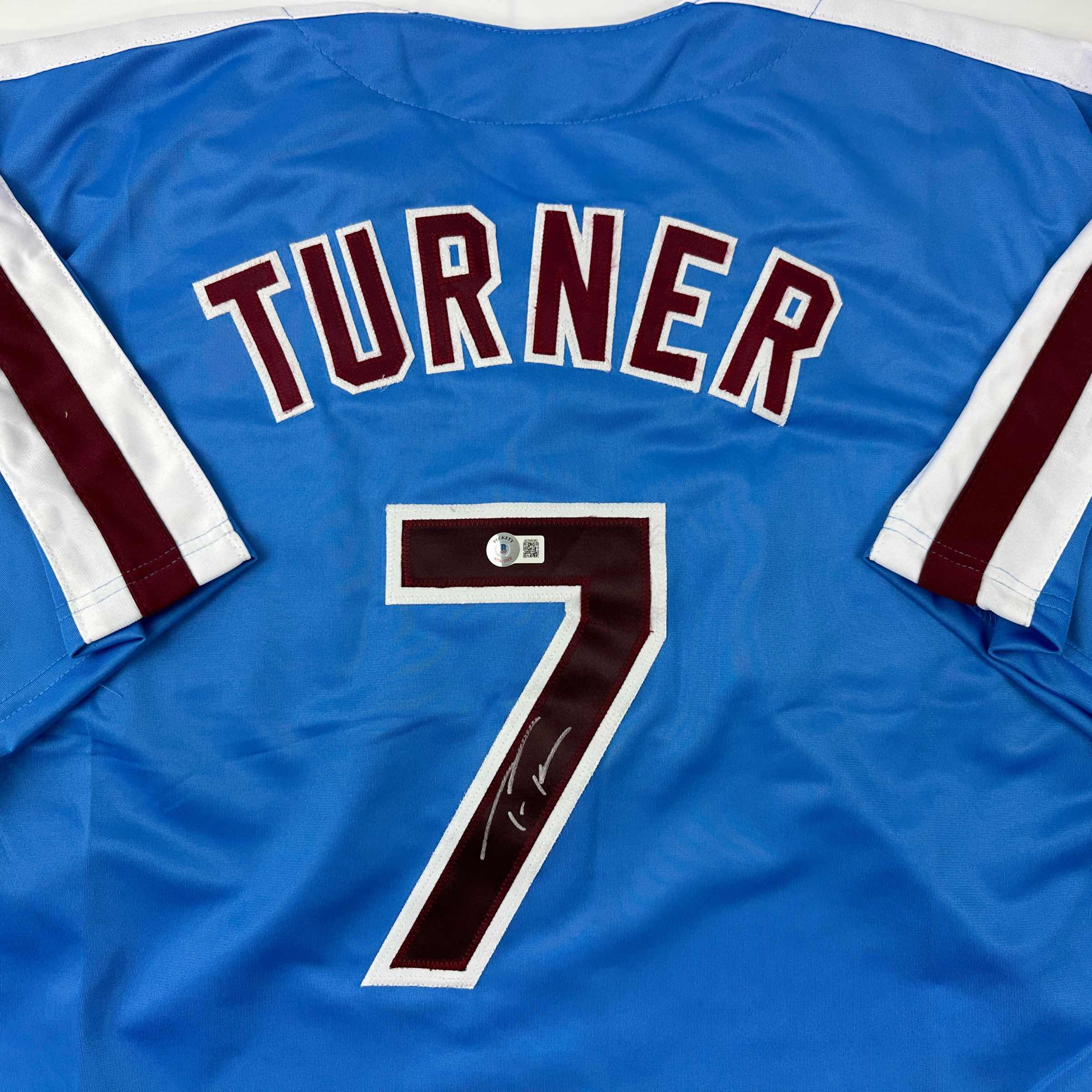 Autographed/Signed Trea Turner Philadelphia Blue Retro Baseball Jersey Beckett BAS COA