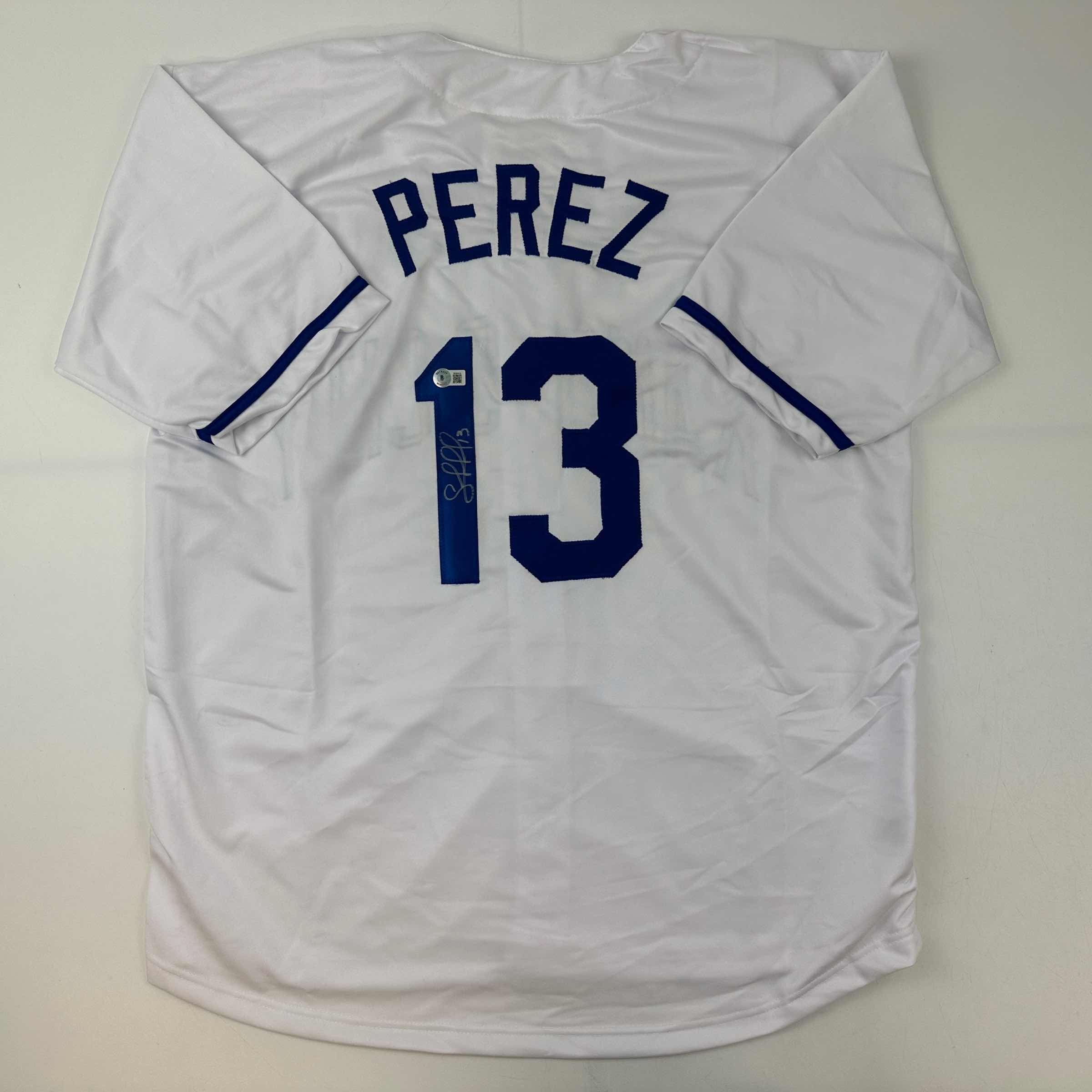 Autographed/Signed Salvador Perez Kansas City White Baseball Jersey Beckett BAS COA