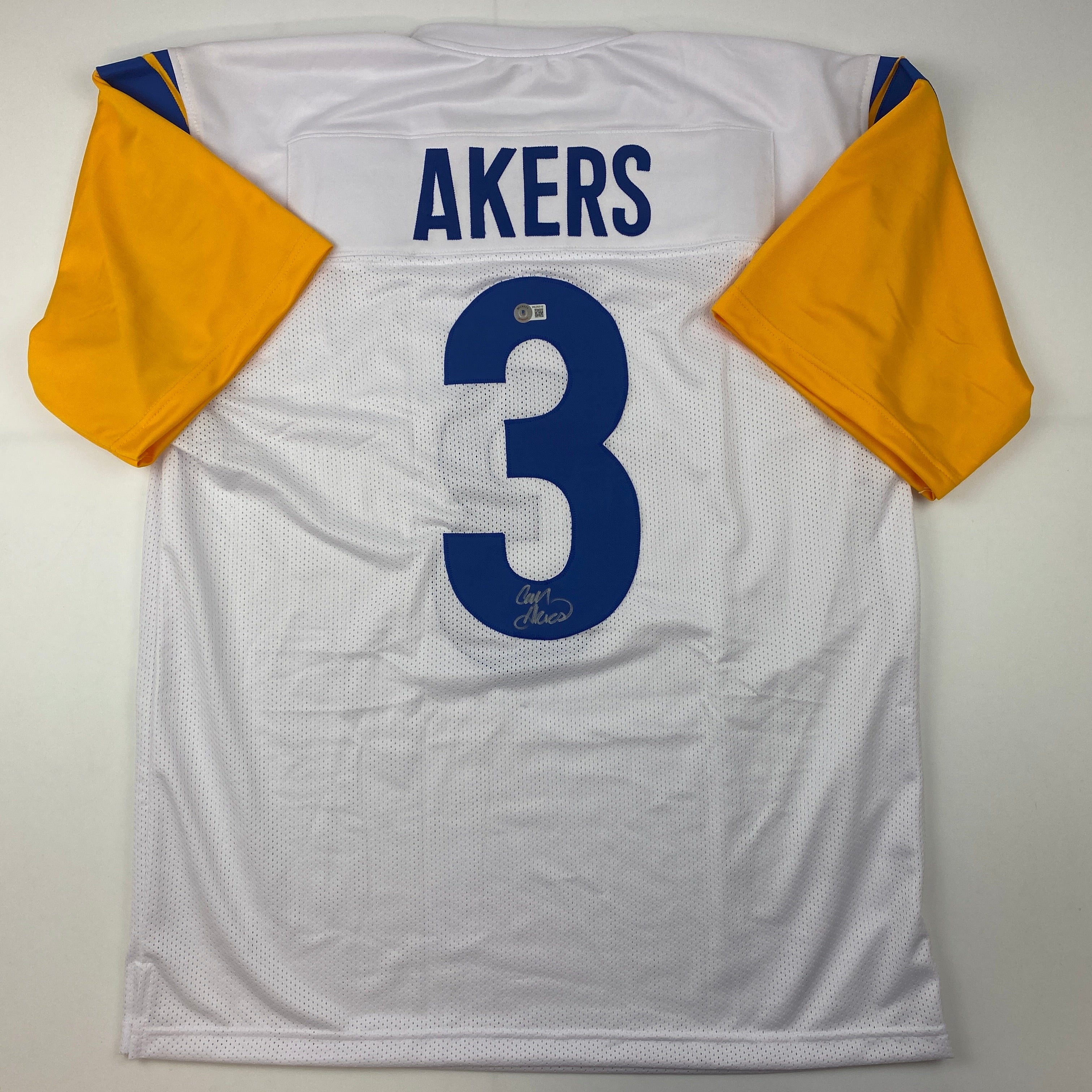 Autographed/Signed Cam Akers Los Angeles LA White Football Jersey Beckett BAS COA