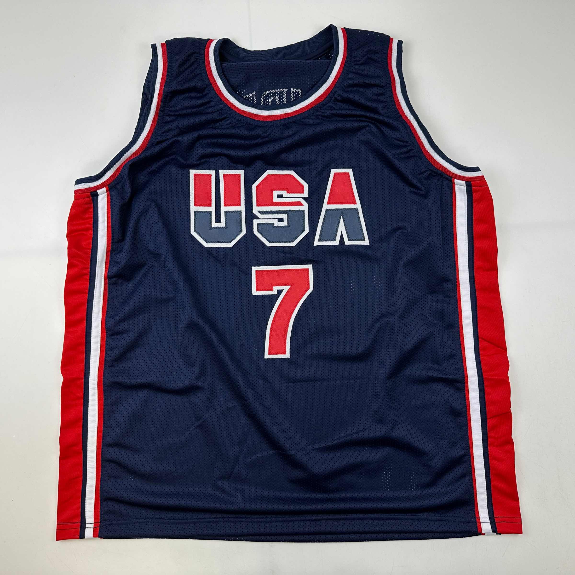 Facsimile Autographed Larry Bird United States Team USA Olympics Blue Reprint Laser Auto Basketball Jersey Size Men's XL