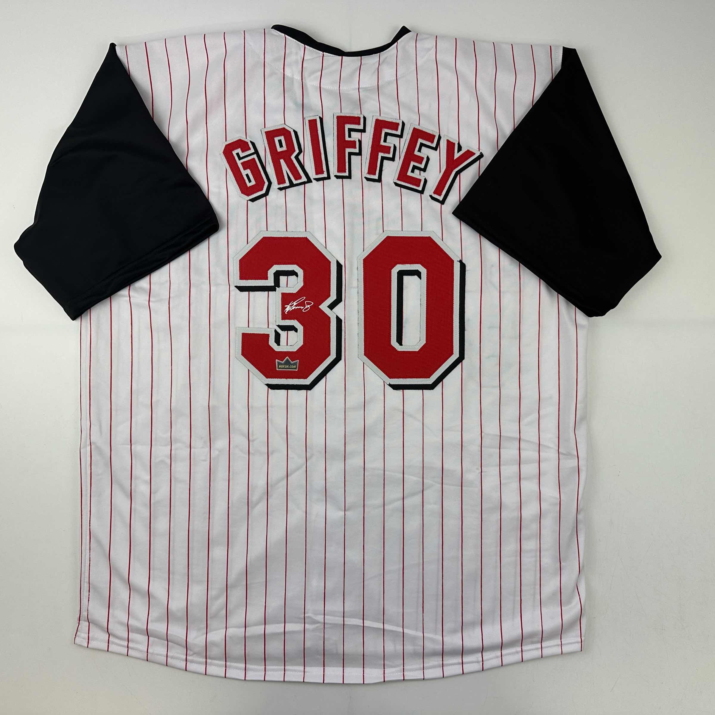 Facsimile Autographed Ken Griffey Jr. Cincinnati Pinstripe Reprint Laser Auto Baseball Jersey Size Men's XL