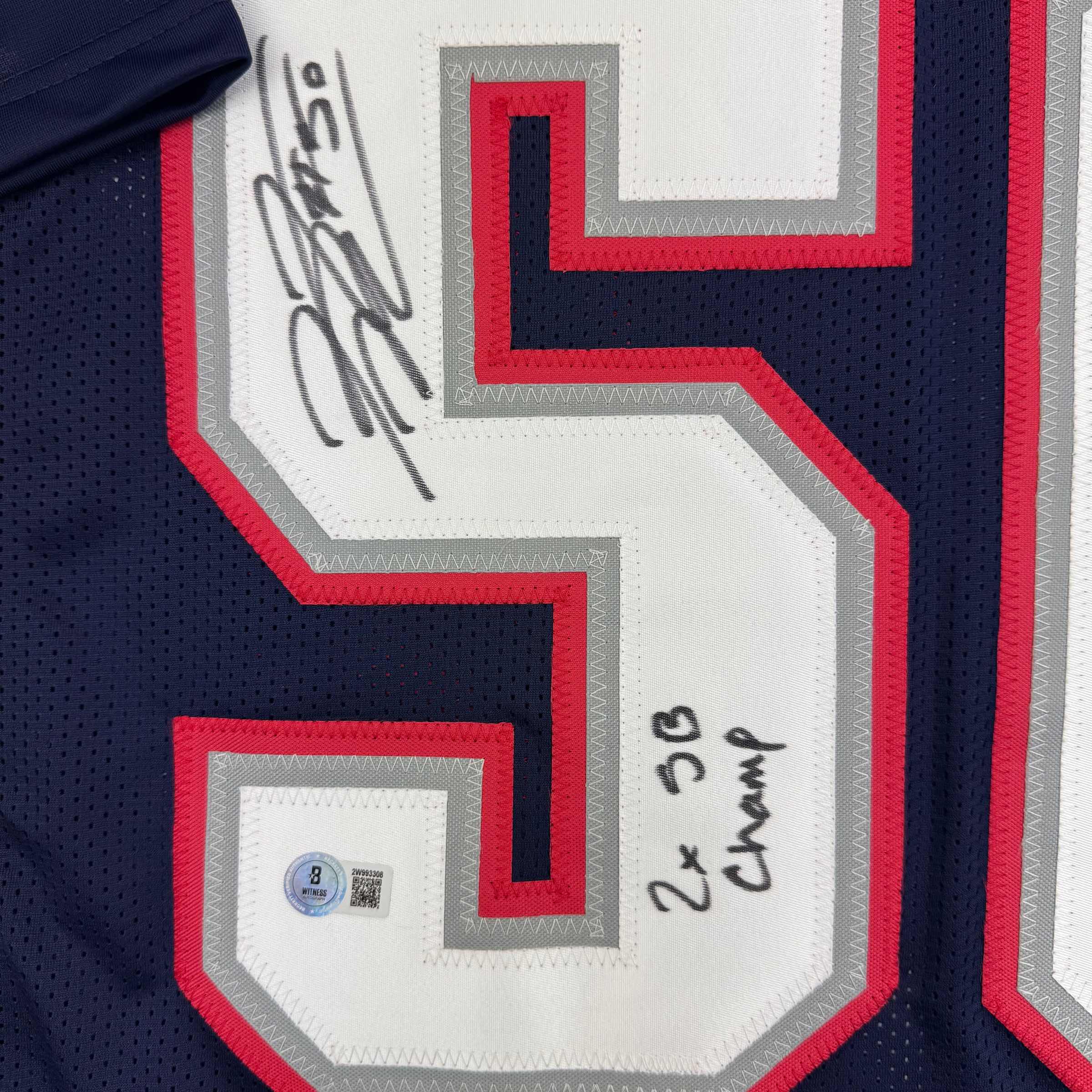 Autographed/Signed Rob Ninkovich "2x SB Champ" New England Blue Football Jersey Beckett BAS COA