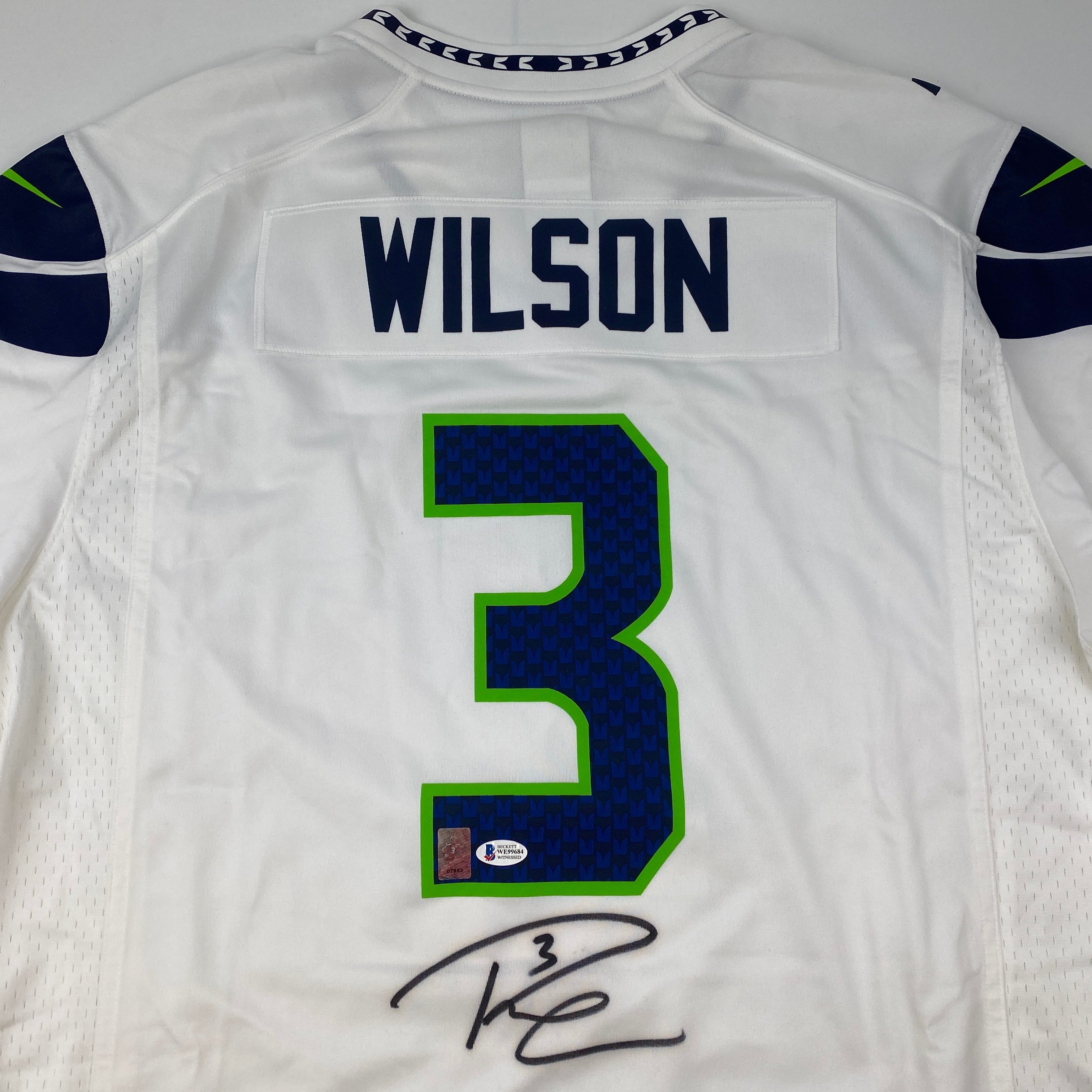 Autographed/Signed Russell Wilson Seattle Seahawks White Authentic Football Jersey Beckett BAS COA