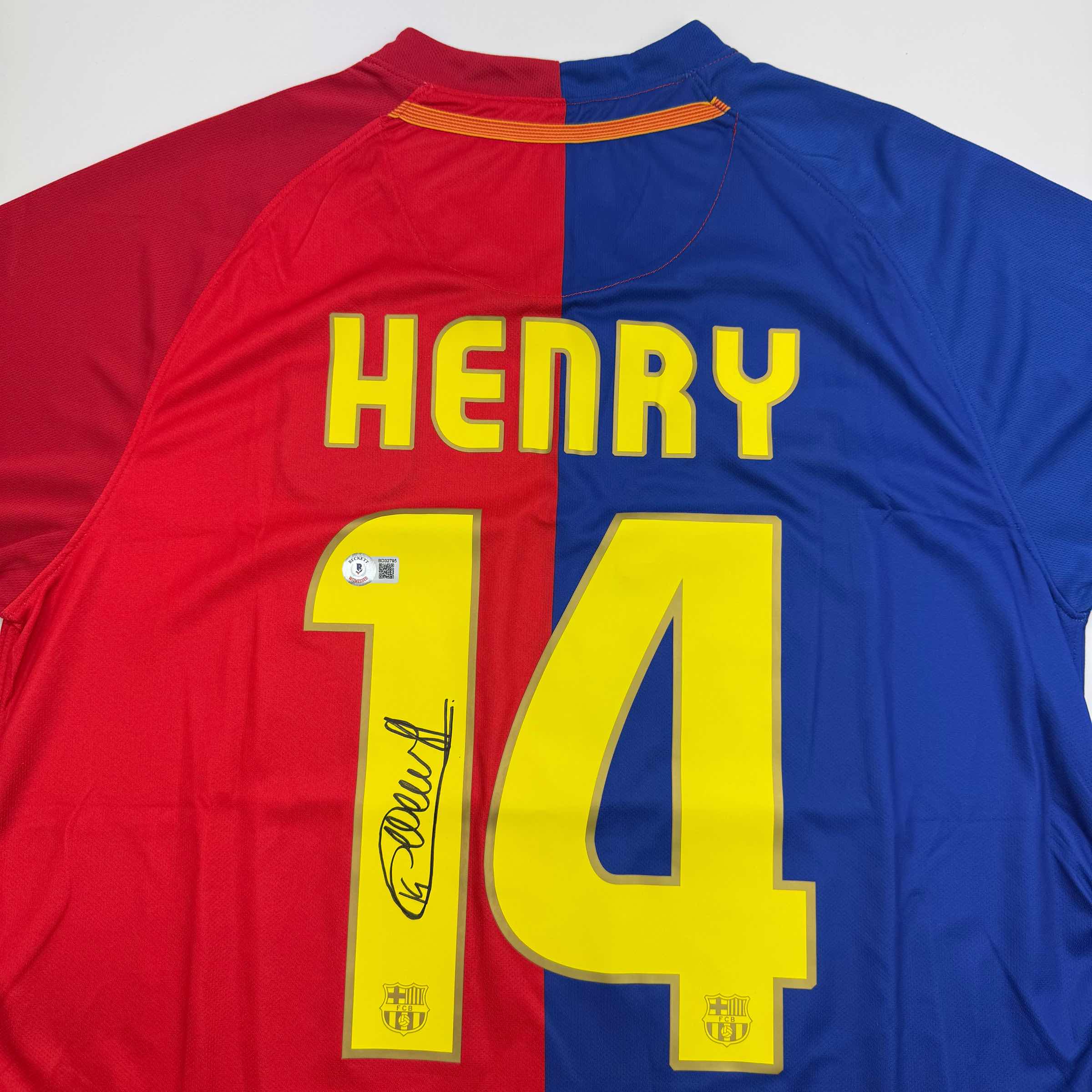 Autographed/Signed Thierry Henry FC Barcelona Blue Soccer Jersey Beckett BAS COA