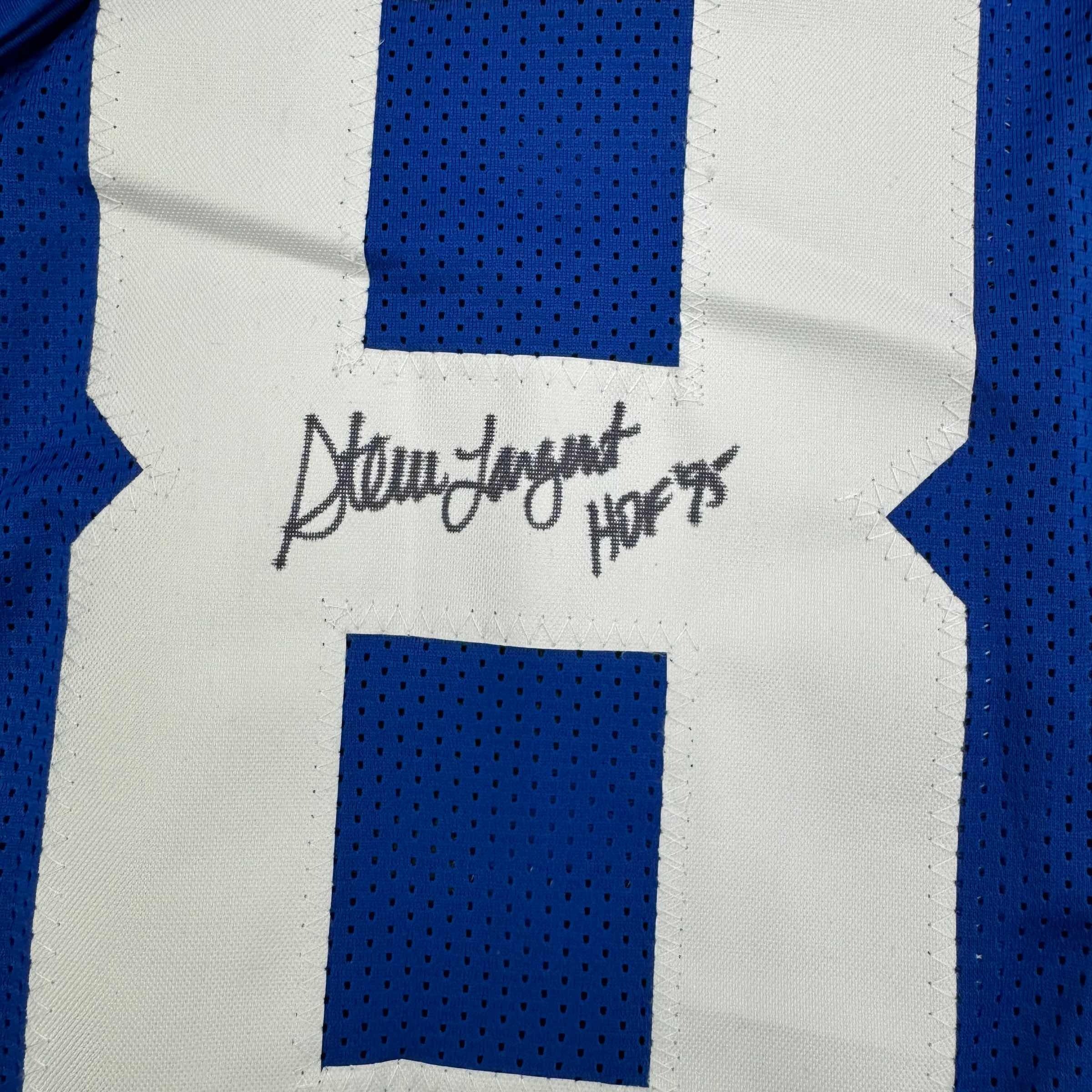 Autographed/Signed Steve Largent HOF 95 Seattle Blue Stat Football Jersey Beckett BAS COA