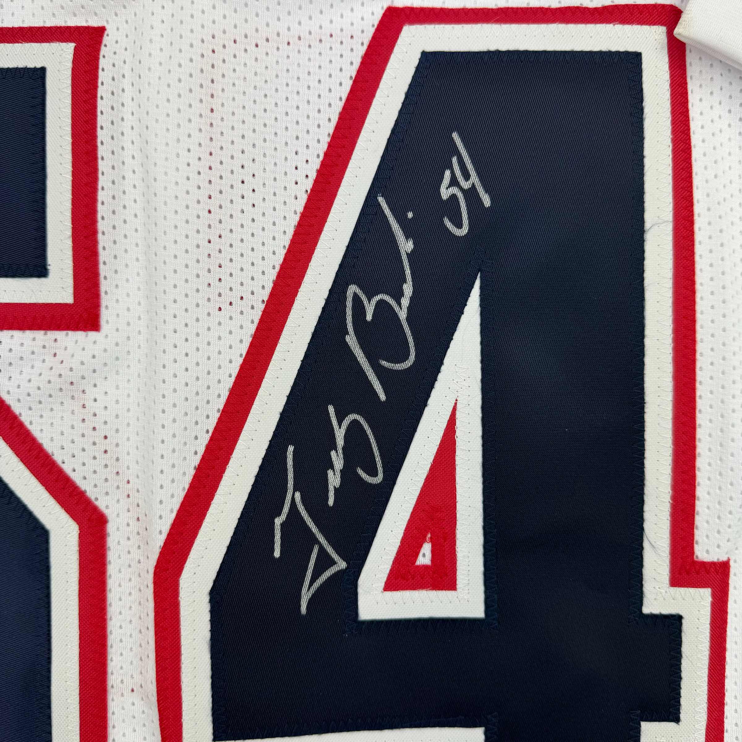 Autographed/Signed Tedy Bruschi New England White Football Jersey Beckett BAS COA