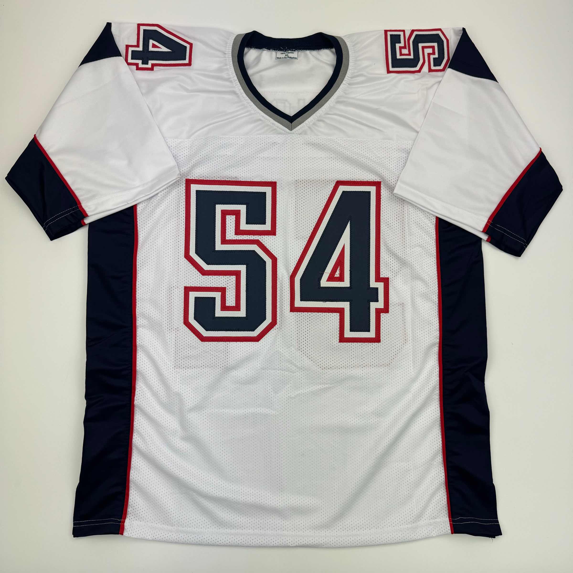 Autographed/Signed Tedy Bruschi New England White Football Jersey Beckett BAS COA