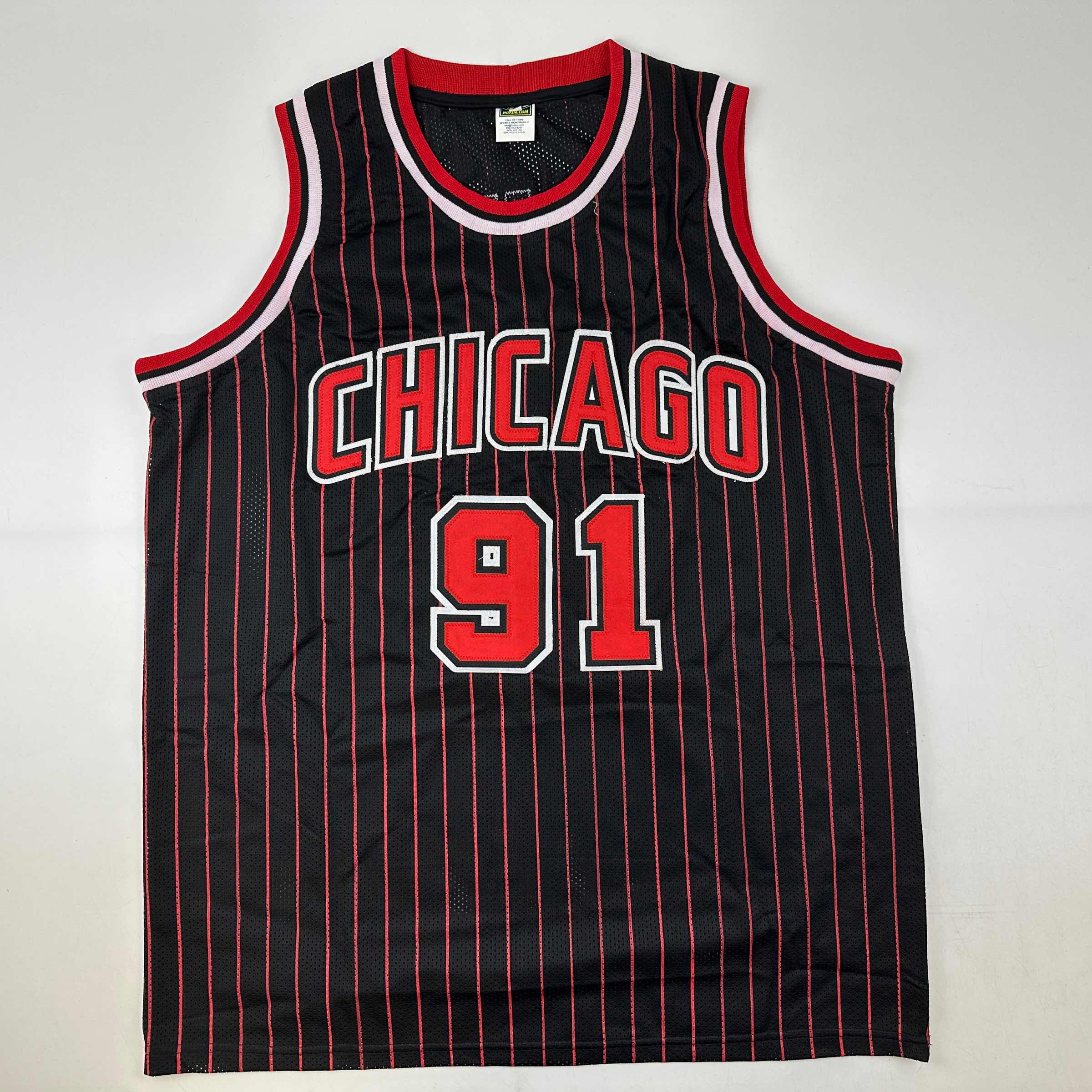 Facsimile Autographed Dennis Rodman Chicago Black Pinstripe Reprint Laser Auto Basketball Jersey Size Men's XL