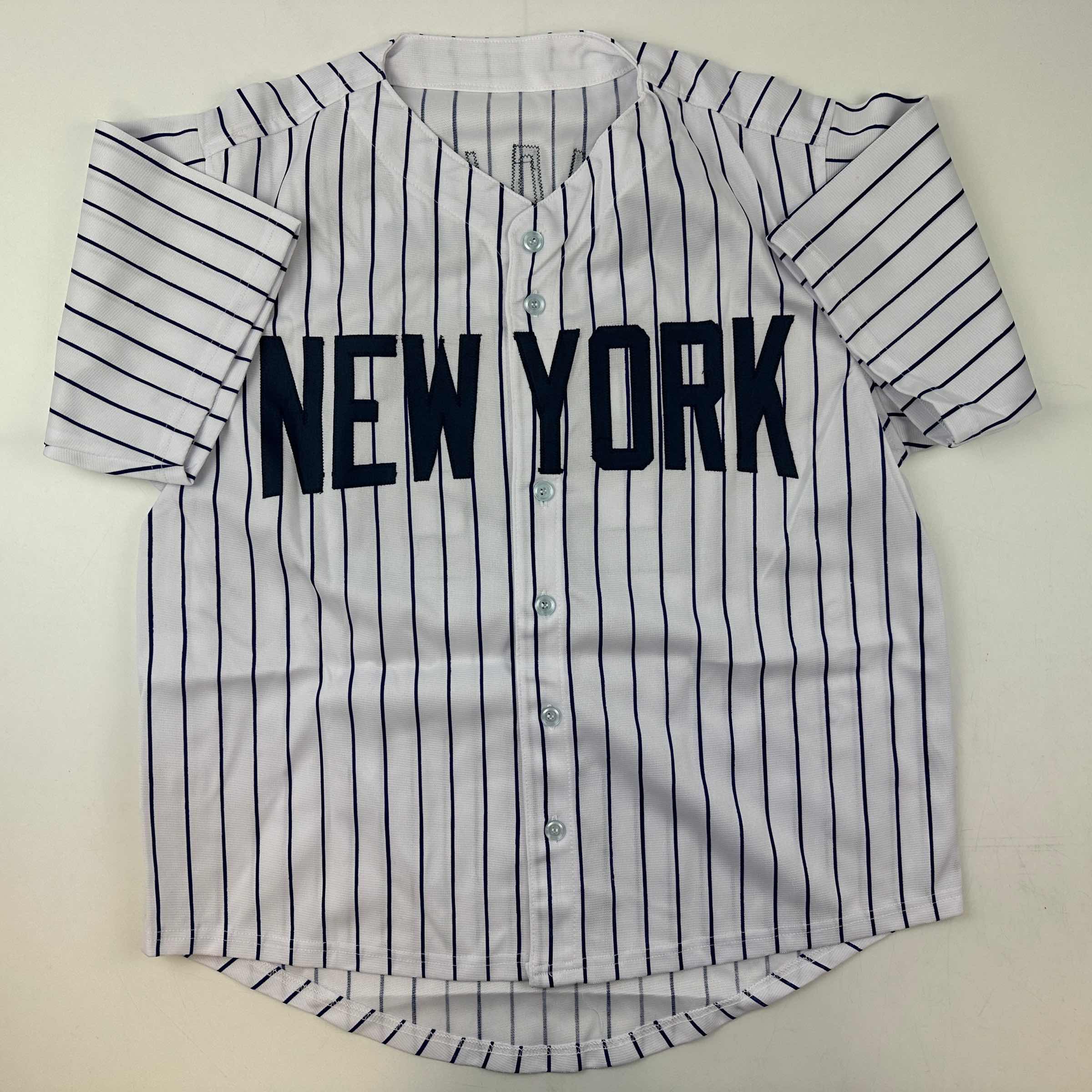 Facsimile Autographed D.J. DJ LeMahieu New York Pinstripe Reprint Laser Auto Baseball Jersey Size Men's XL