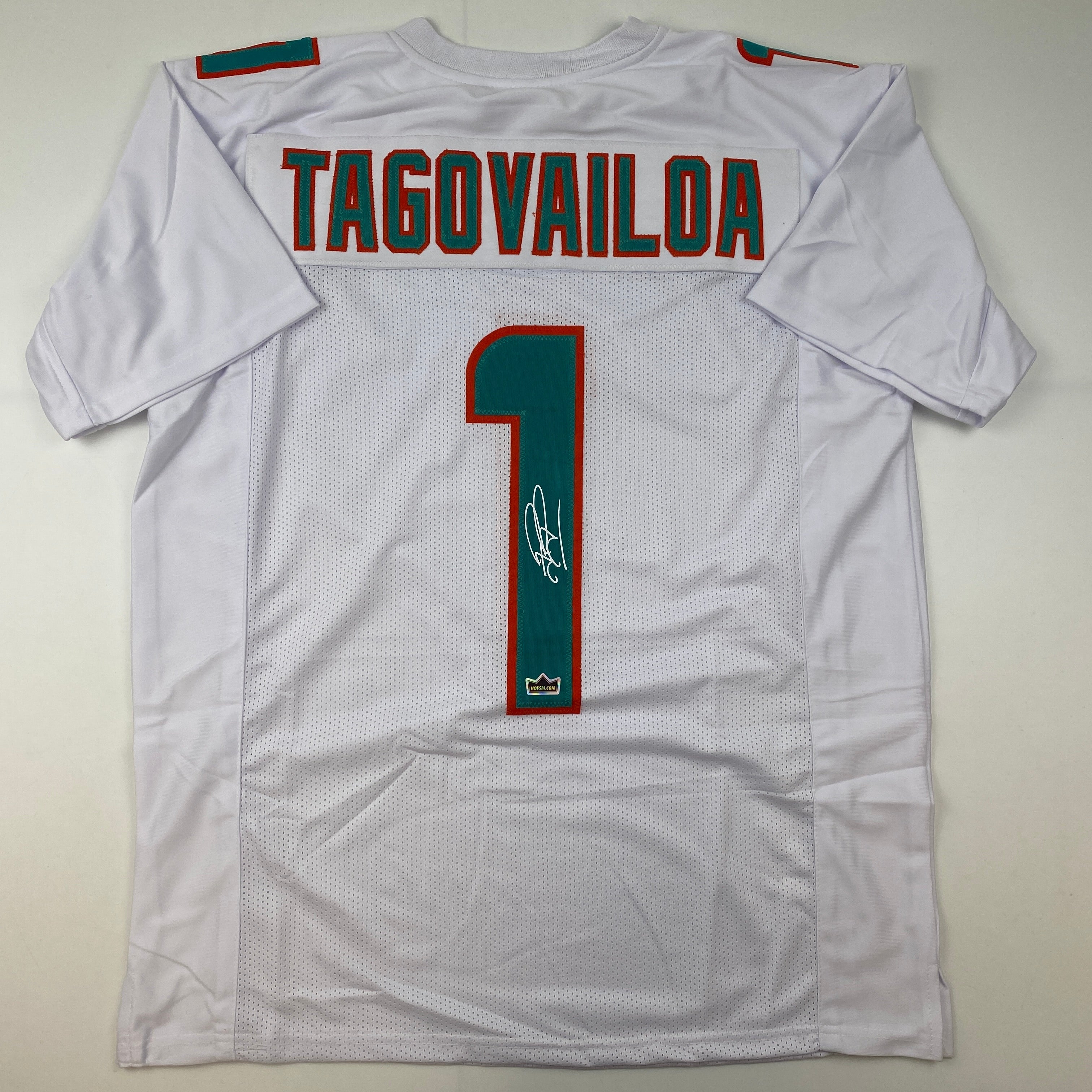 Facsimile Autographed Tua Tagovailoa Miami White Reprint Laser Auto Football Jersey Size Men's XL