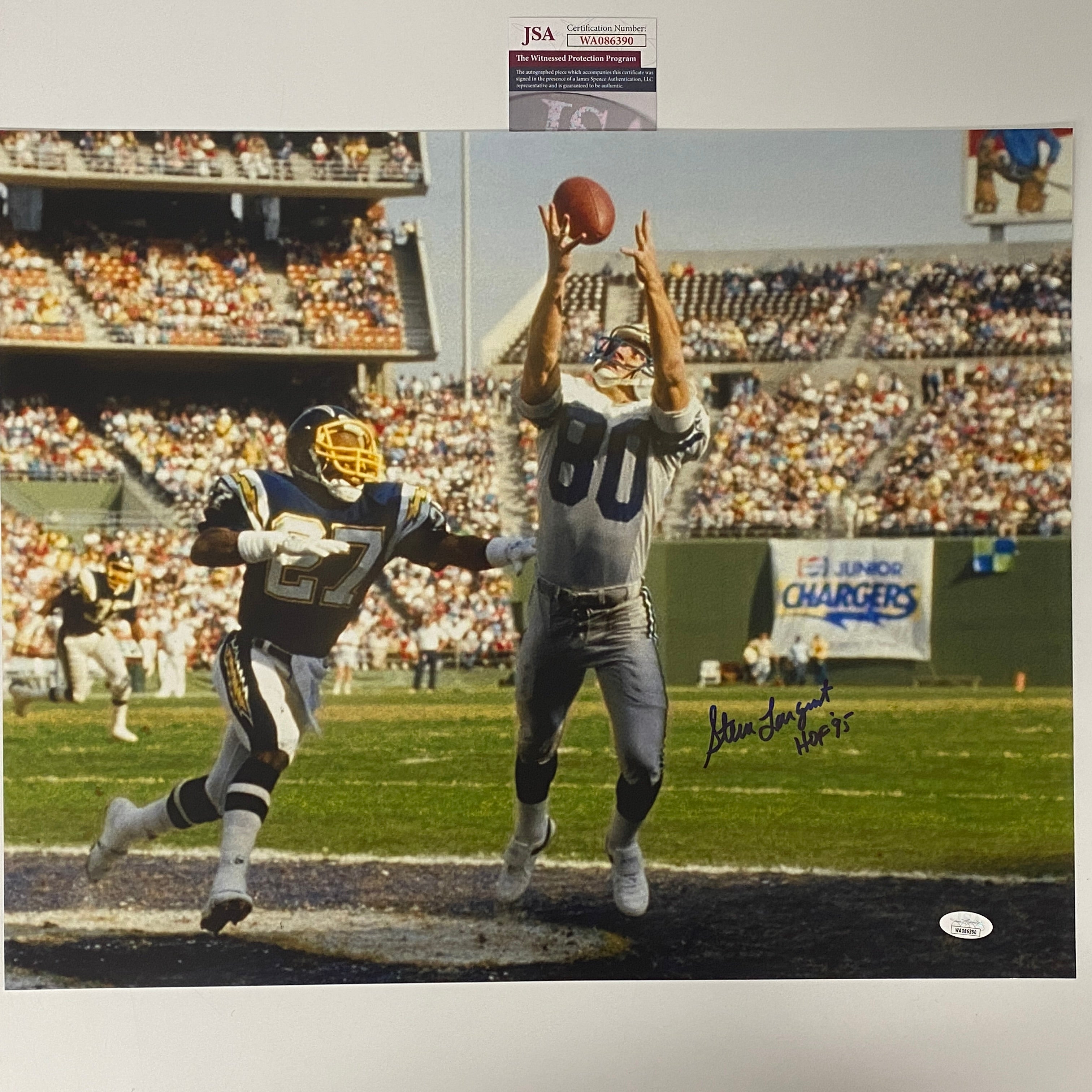 Autographed/Signed Steve Largent HOF 95 Seattle Seahawks 16x20 Football Photo JSA COA