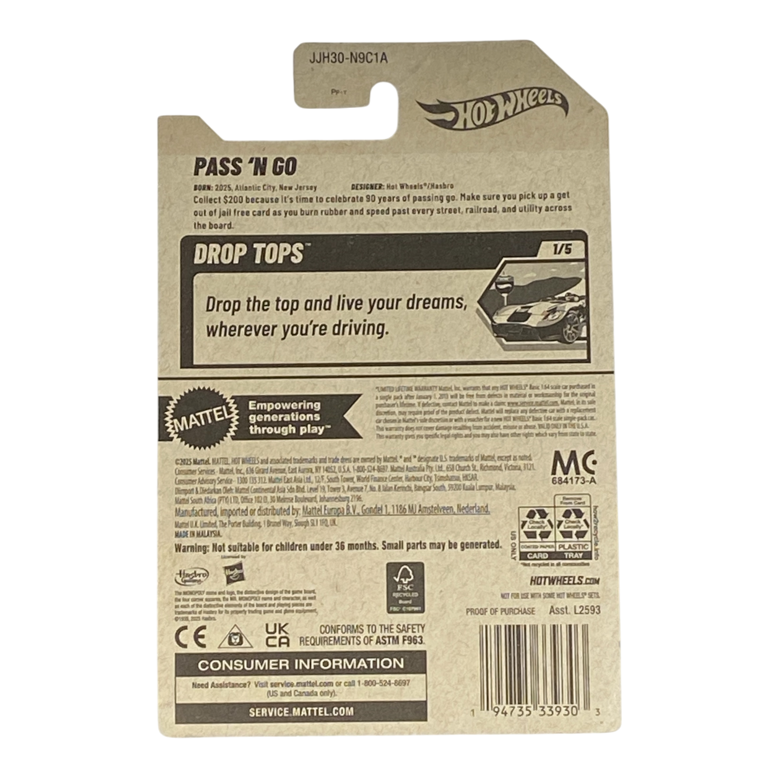 Hot Wheels Pass 'N Go (Monopoly 90 Years) - Drop Tops Series 1/5