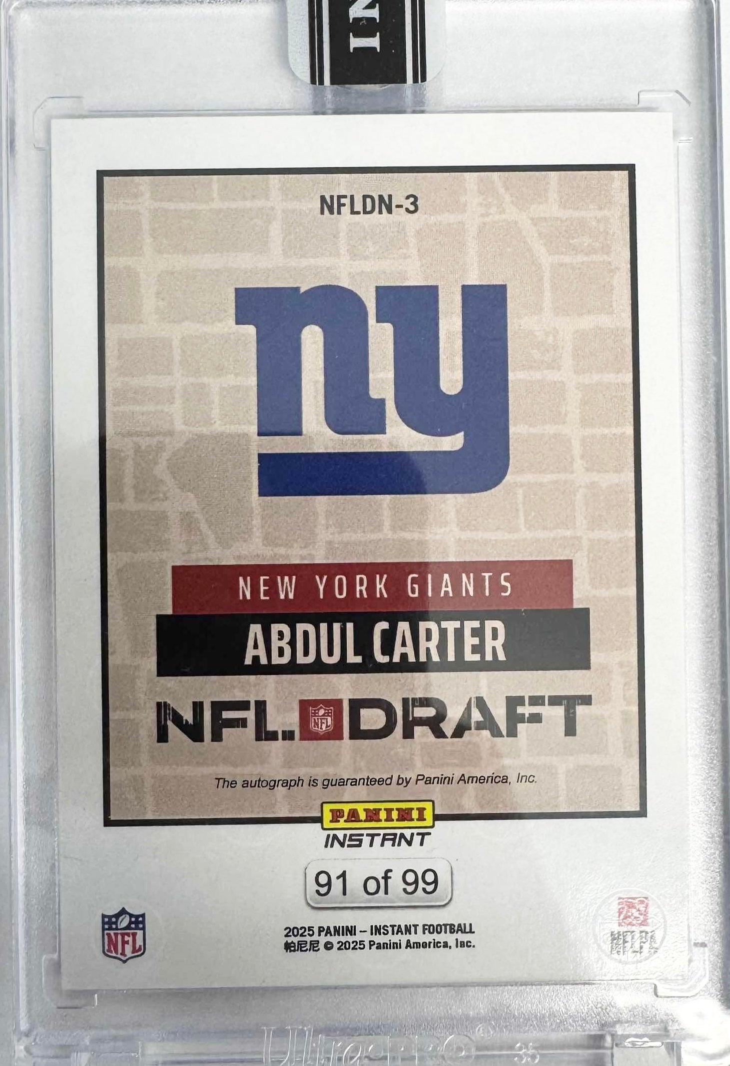 2025 Panini Instant NFL Abdul Carter #DN3 Draft Night Auto /99 New York Giants Rookie RC Football Card