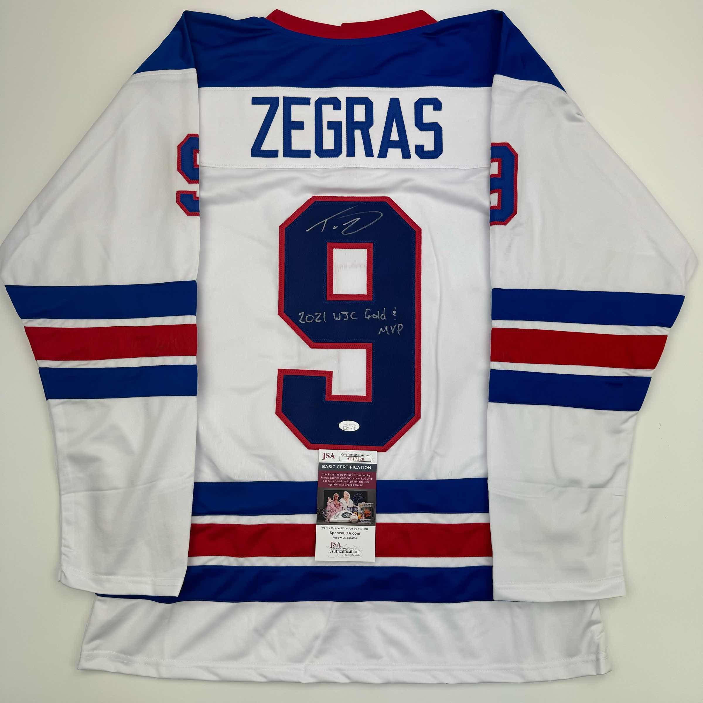Autographed/Signed Trevor Zegras 2021 WJC Gold & MVP Team USA White Hockey Jersey JSA COA