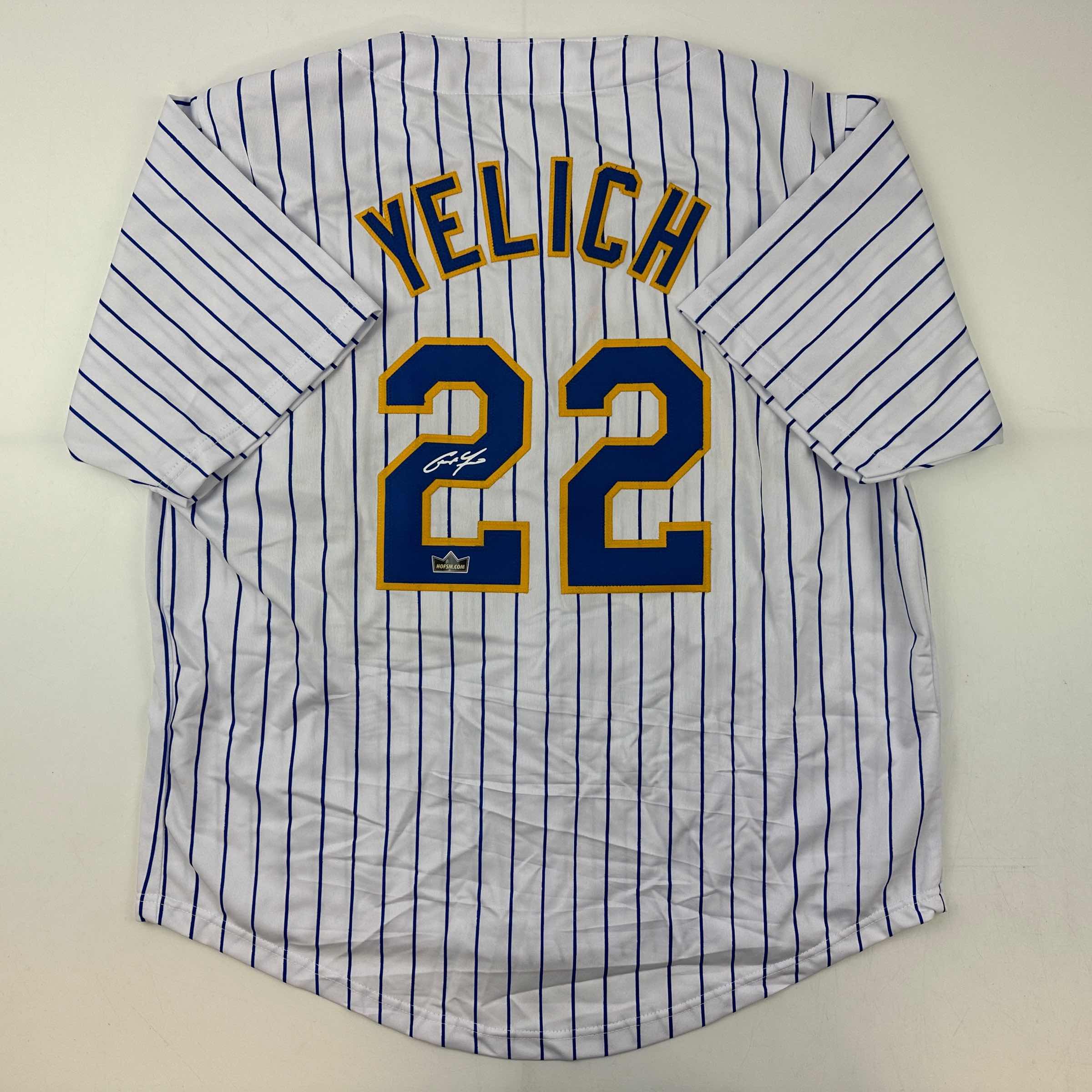 Facsimile Autographed Christian Yelich Milwaukee Pinstripe Reprint Laser Auto Baseball Jersey Size Men's XL