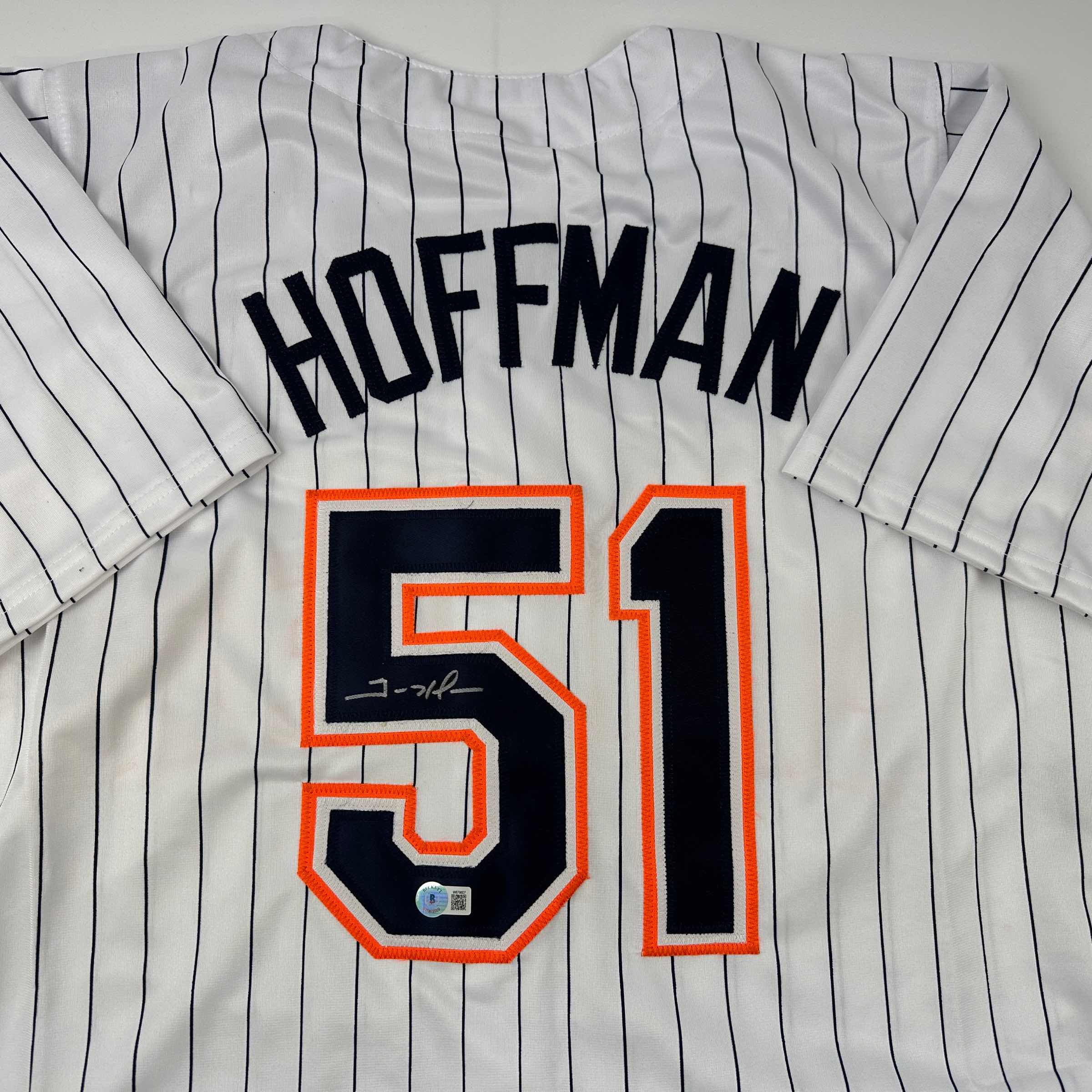 Autographed/Signed Trevor Hoffman San Diego Pinstripe Baseball Jersey Beckett BAS COA