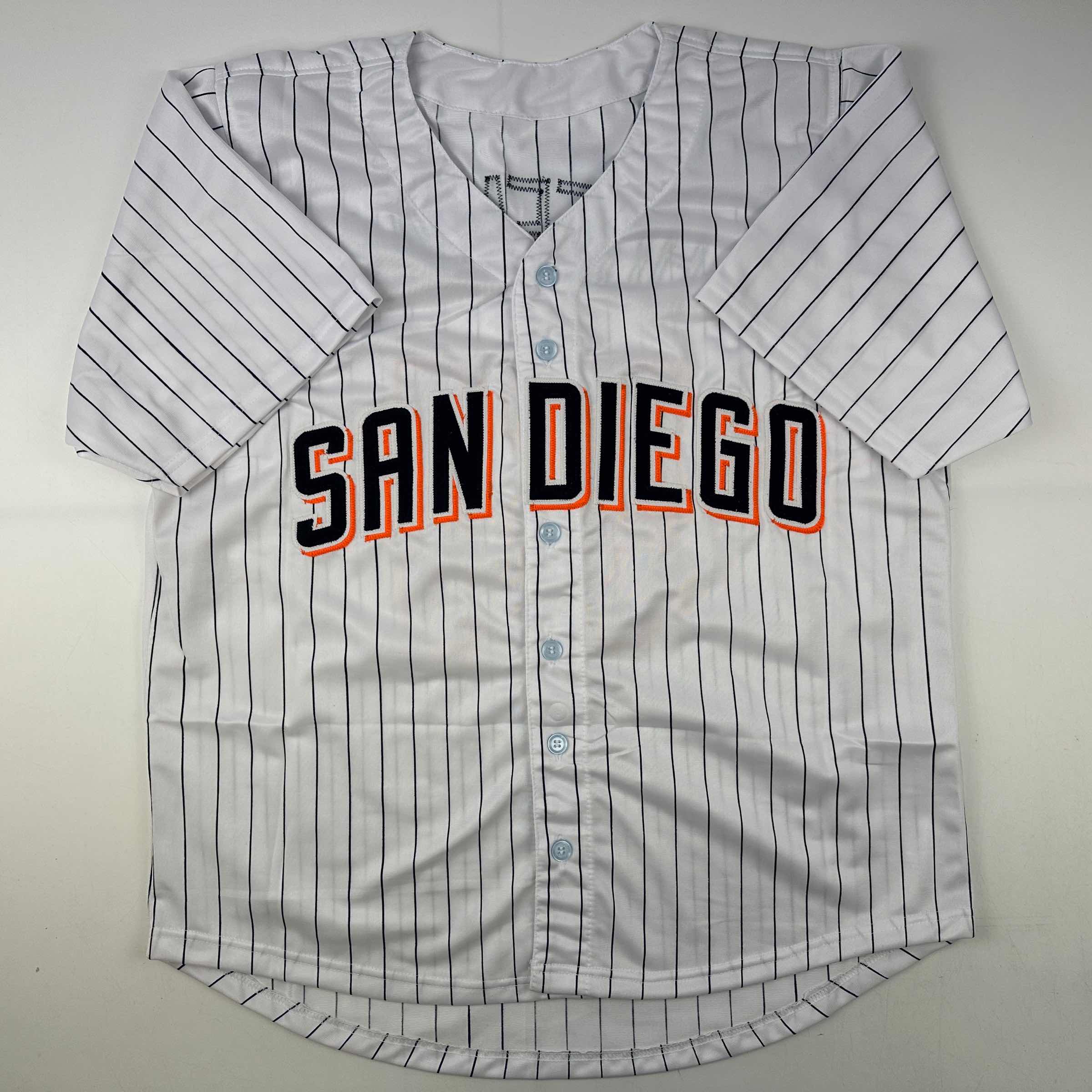 Autographed/Signed Trevor Hoffman San Diego Pinstripe Baseball Jersey Beckett BAS COA