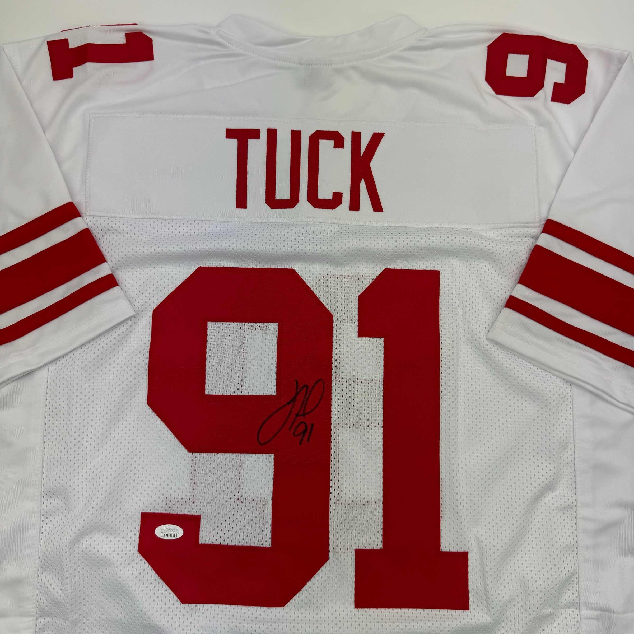 Autographed/Signed Justin Tuck New York White Football Jersey JSA COA