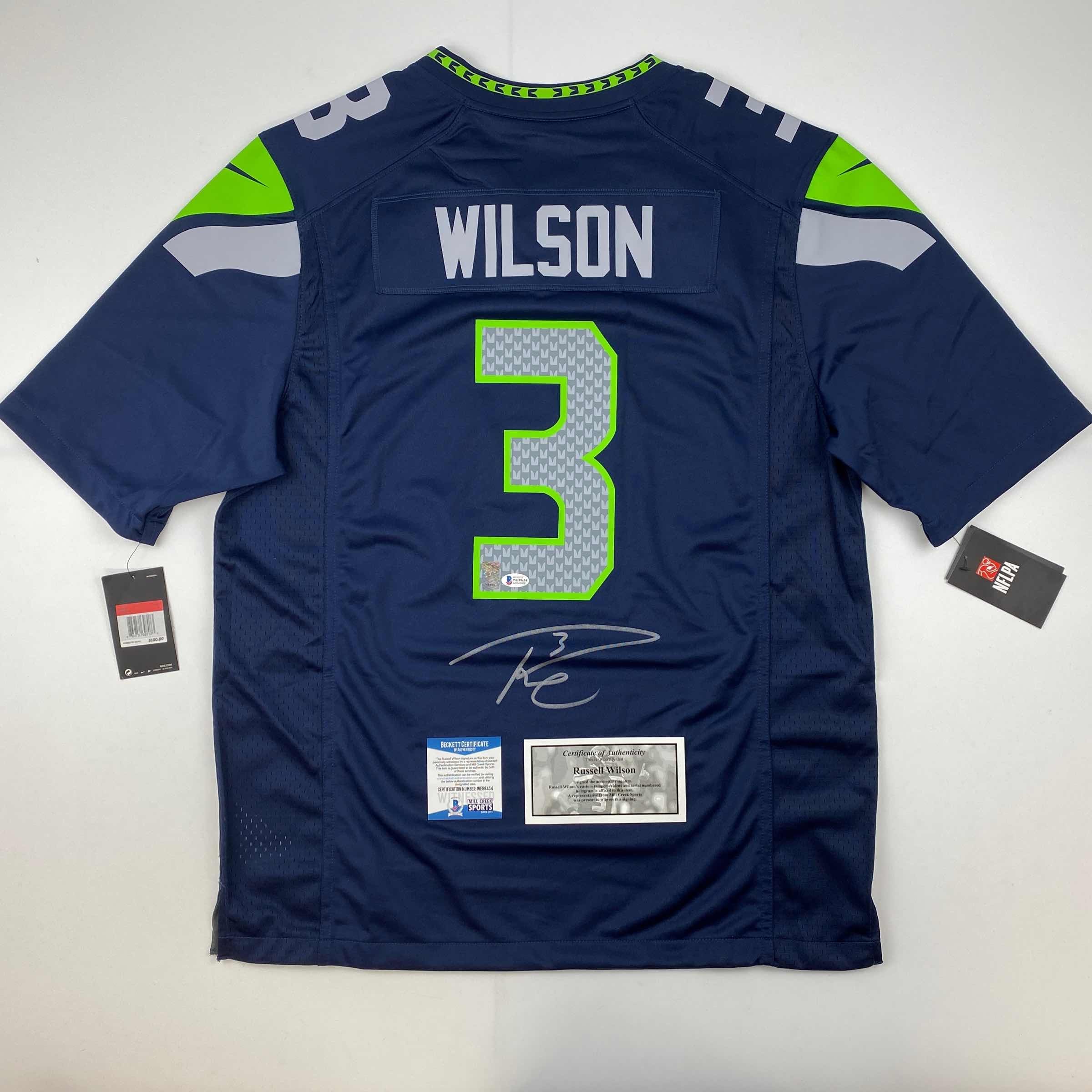 Autographed/Signed Russell Wilson Seattle Seahawks Blue Authentic Football Jersey Beckett BAS COA