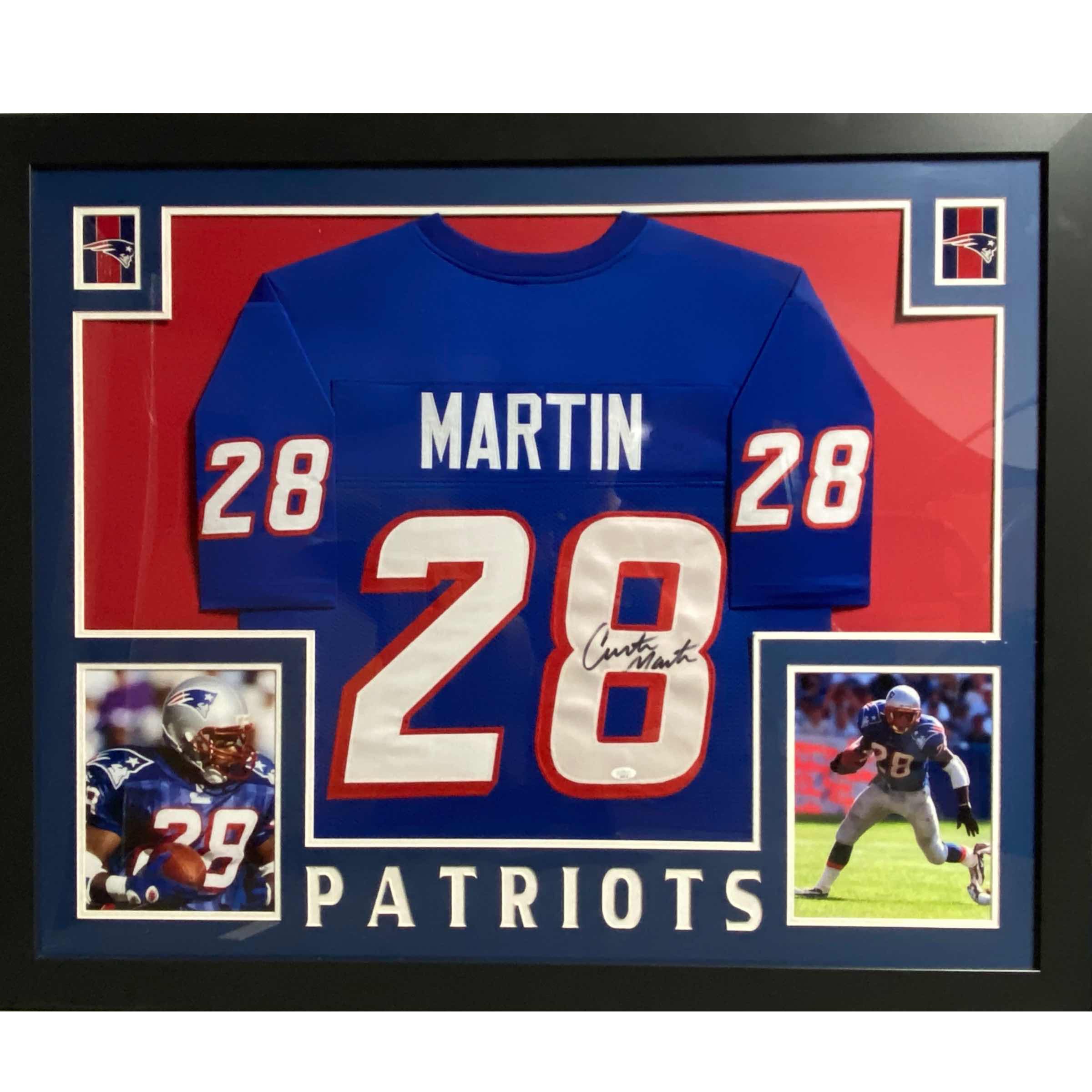 Framed Autographed/Signed Curtis Martin 35x43 New England Blue Football Jersey JSA COA