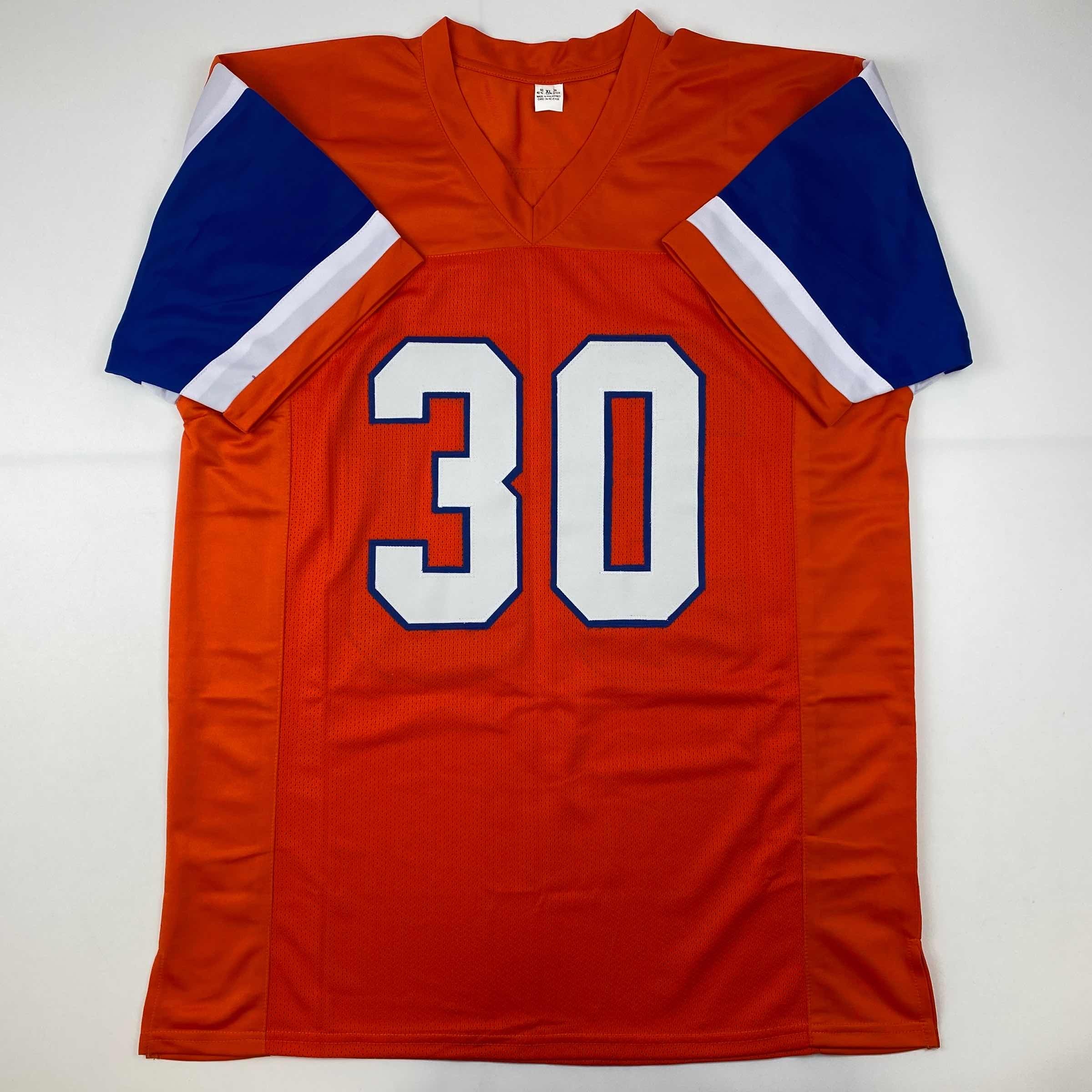 Autographed/Signed Terrell Davis SB XXXII MVP Denver Retro Orange Football Jersey JSA COA